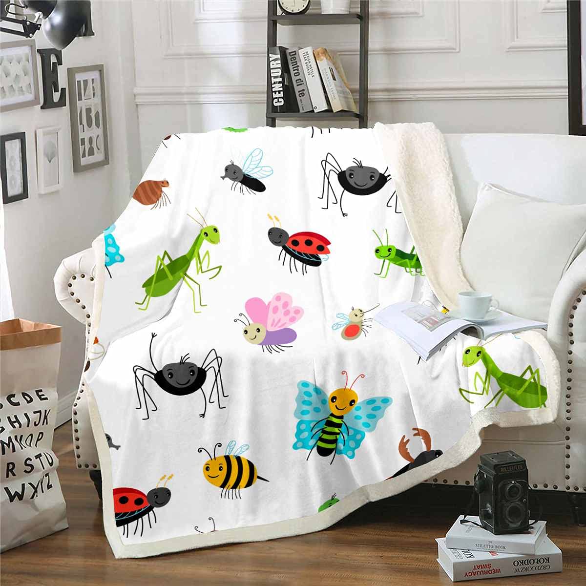 Cute Butterfly Fleece Throw Blanket for Kids - Soft Plush Sherpa Blanket with Flying Ladybug & Bee Pattern (30