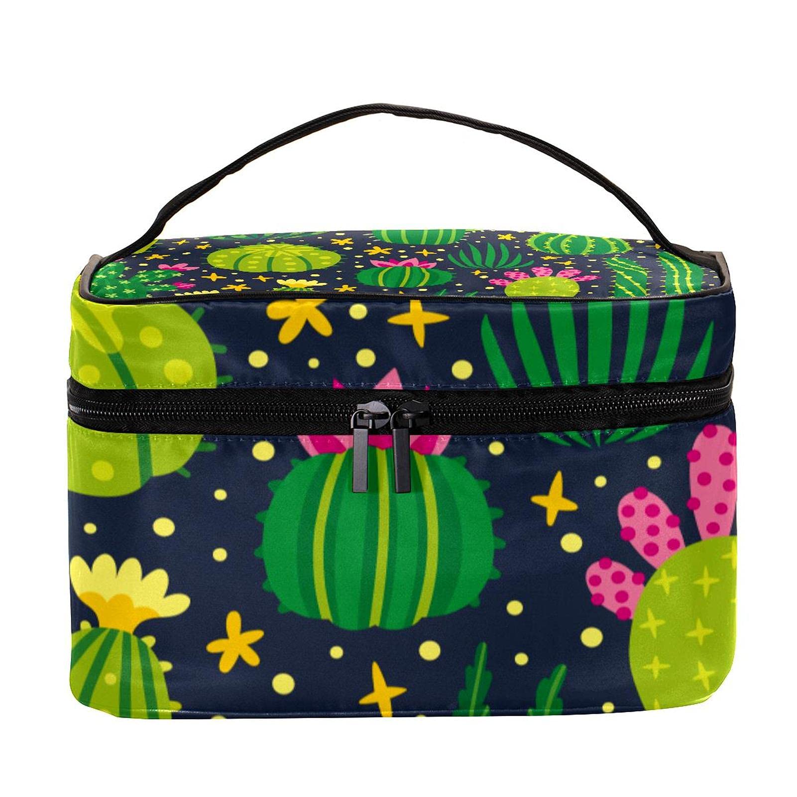 **Cute Cartoon Cactus Print Large Travel Makeup Bag for Women & Girls - Waterproof Cosmetic Organizer with Zipper - Perfect for Travel, Gym, and Daily Use**
