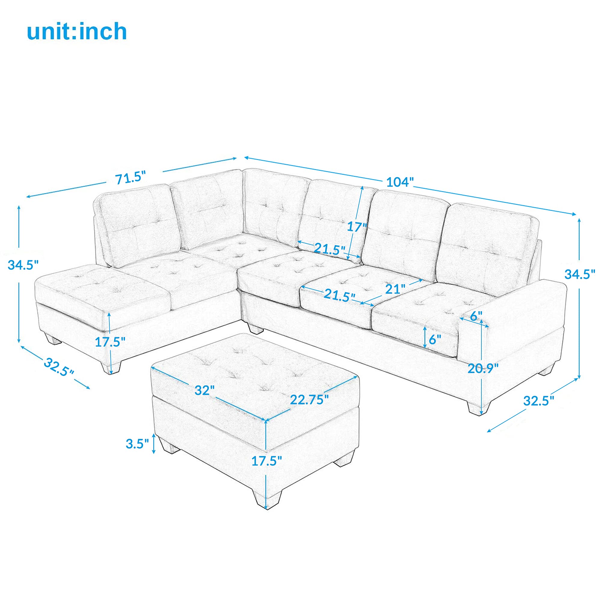 L-Shaped Sectional Sofa with Reversible Chaise, Storage Ottoman & Cup Holders - Modern Living Room Furniture Set in Light Gray | Perfect for Small Spaces, Family Gatherings & Movie Nights