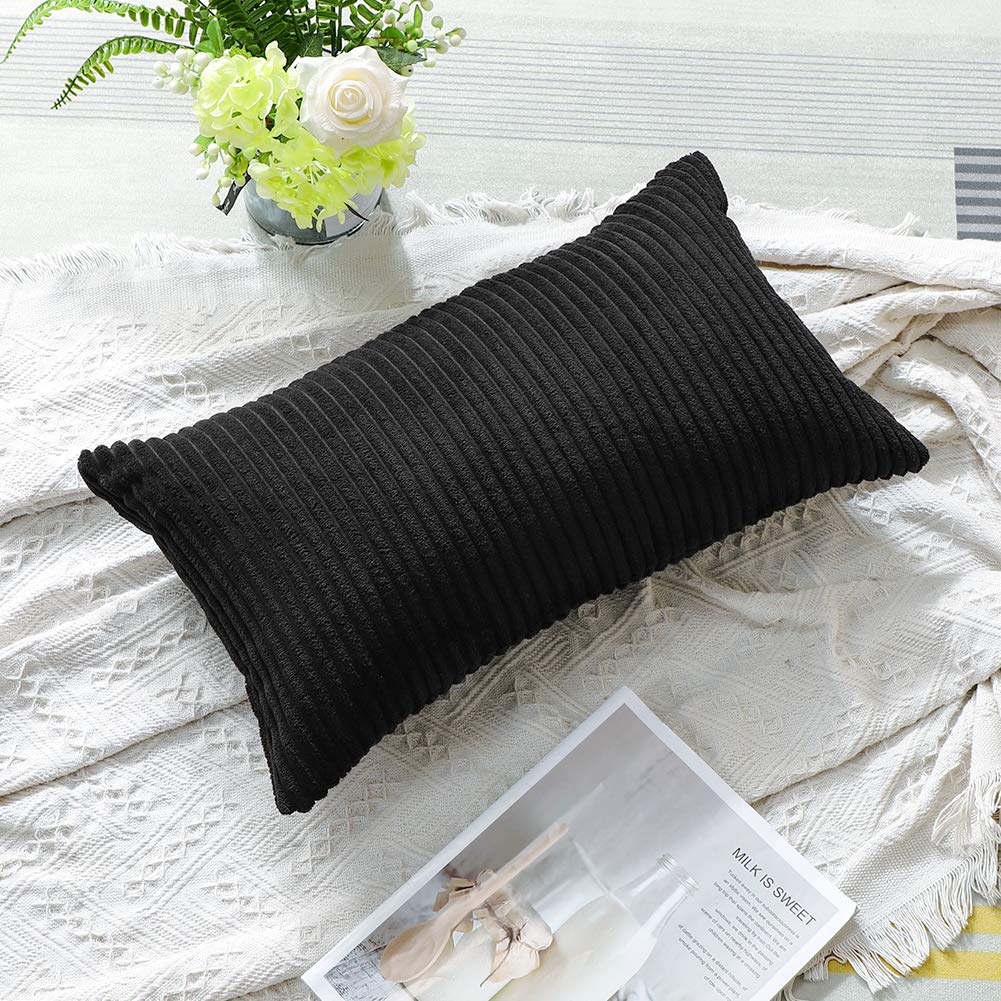 Artscope Cozy Striped Corduroy Pillow Covers - Super Soft Decorative Oblong Throw Pillow Cases 12x20 Inches for Sofa, Couch, Bed & Car - Perfect for Home Decor, Living Room Accents & Seasonal Styling (Black)