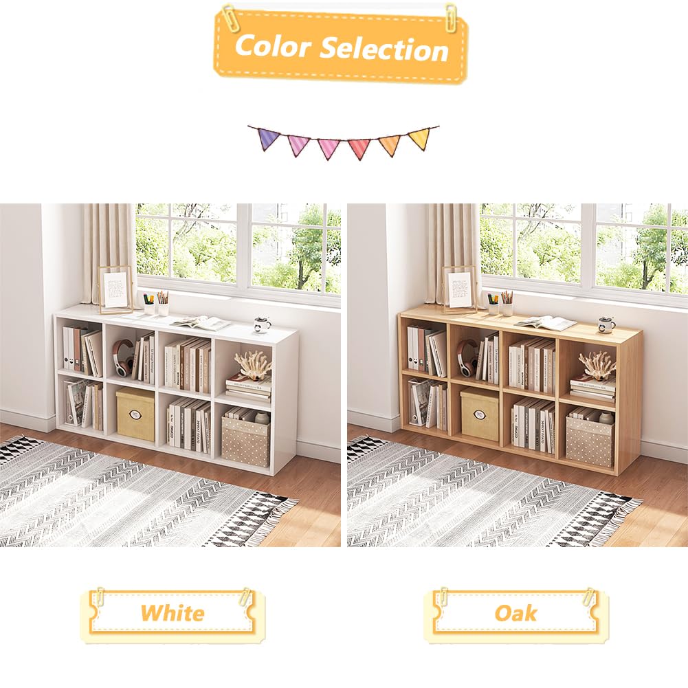 8 Cube Organizer Bookcase with Fabric Storage Bins - Open Shelf Bookcase with Simple Compartments for Home Office, Living Room & Bedroom Storage - White