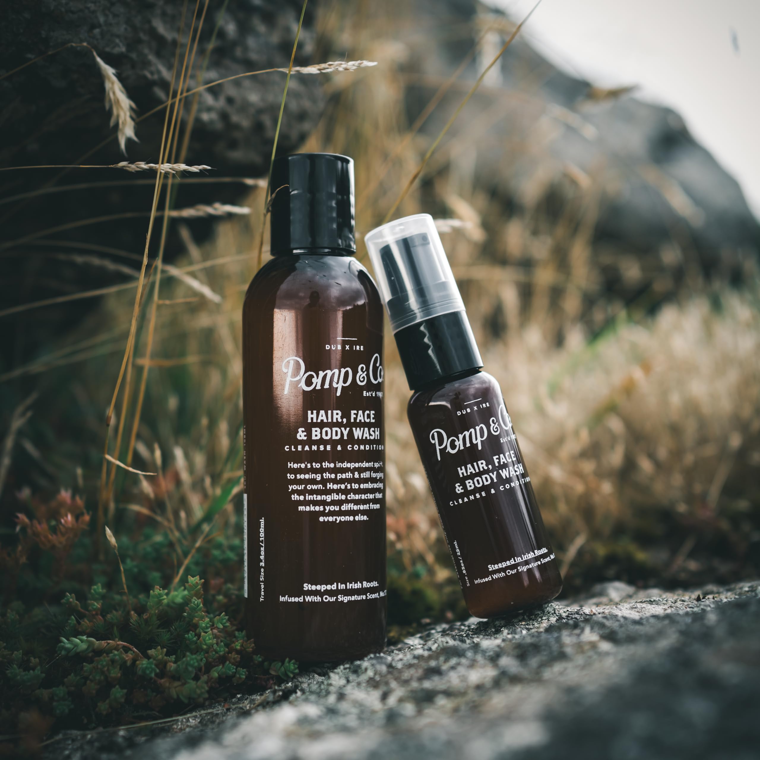 Pomp & Co Men's 3-in-1 Hair Face & Body Wash with Argan Oil - Signature Scent All-in-One Cleanser (100ml) for Shower, Gym & Travel