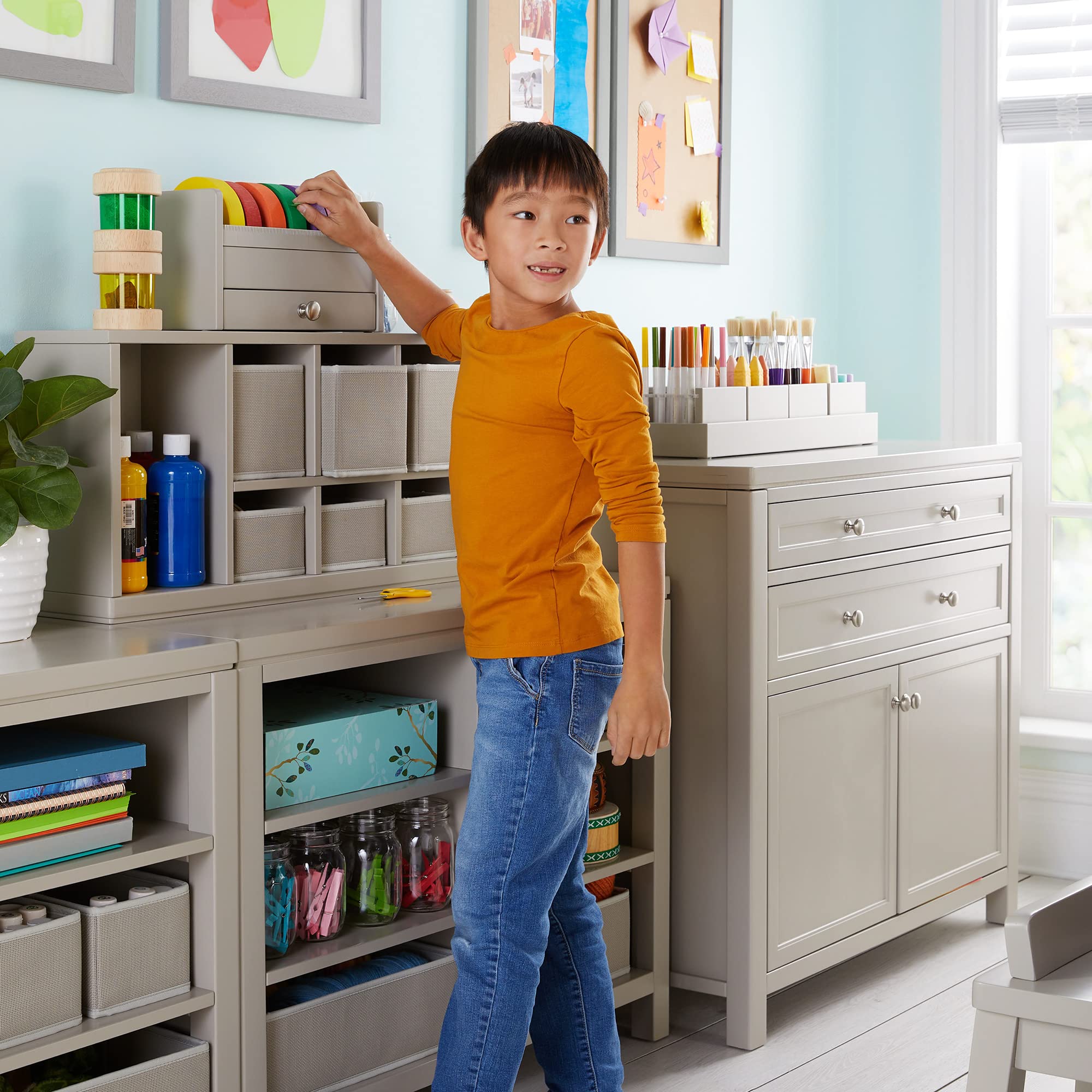 Martha Stewart Kids' Double Open Storage Shelf - Gray Wooden Organizer with 6 Removable Bins | Arts & Crafts Supply Storage for Playrooms, Classrooms & Homeschool Organization