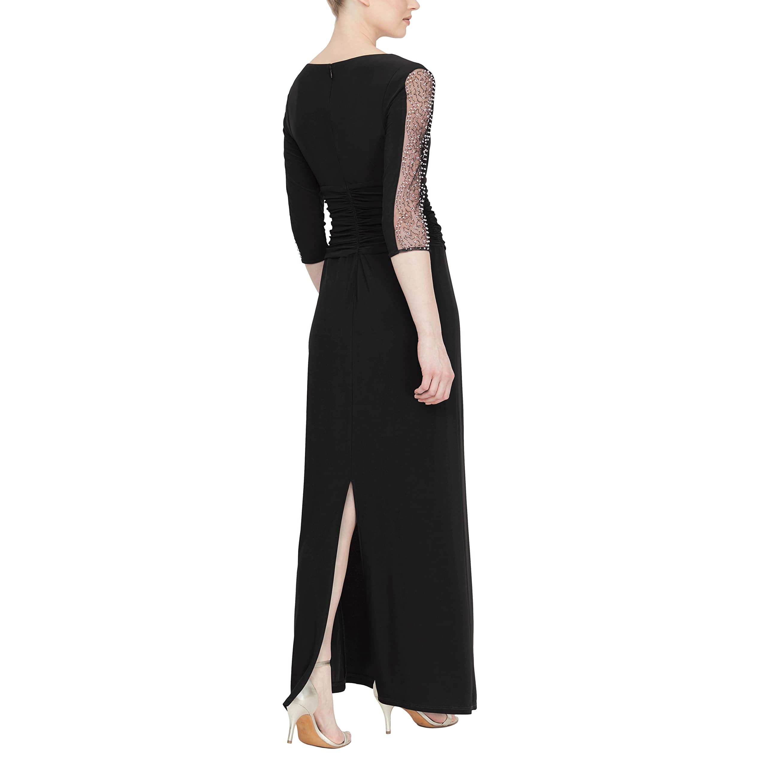 Elegant Women's Long Formal Evening Dress with Ruched Waist & Beaded Illusion Sleeves - Petite & Regular Sizes | Perfect for Prom, Gala & Black Tie Events