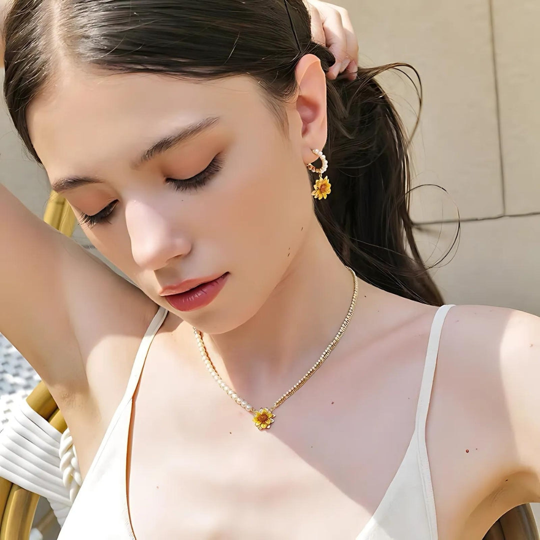 Dainty Sunflower C Hoop Pearl Dangle Earrings for Women | Elegant Floral Jewelry Gift | HE10509 | Perfect for Summer Outfits, Weddings & Boho Fashion