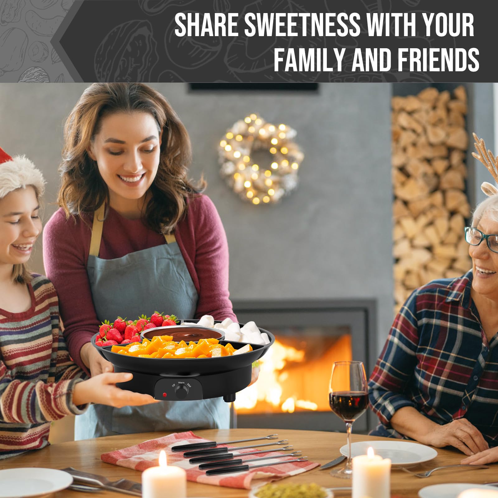 Electric Chocolate Fondue Pot Set with 3-Section Serving Tray & 6 Dipping Forks - Perfect for Christmas, Housewarming Gifts & Party Desserts (Black) - Ideal for Valentine's Day, Family Gatherings & Romantic Dinners