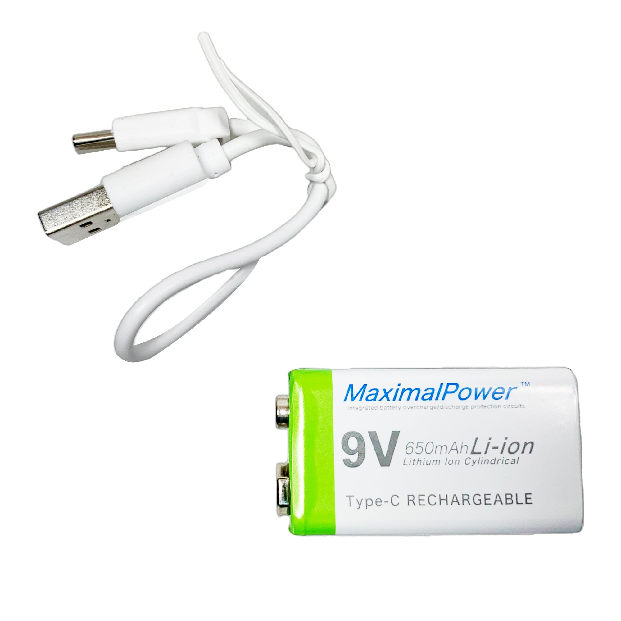9V 650mAh Rechargeable Lithium Ion Battery with USB Type C Cable - Power for Guitar Pedals, Smoke Detectors & Electronic Devices