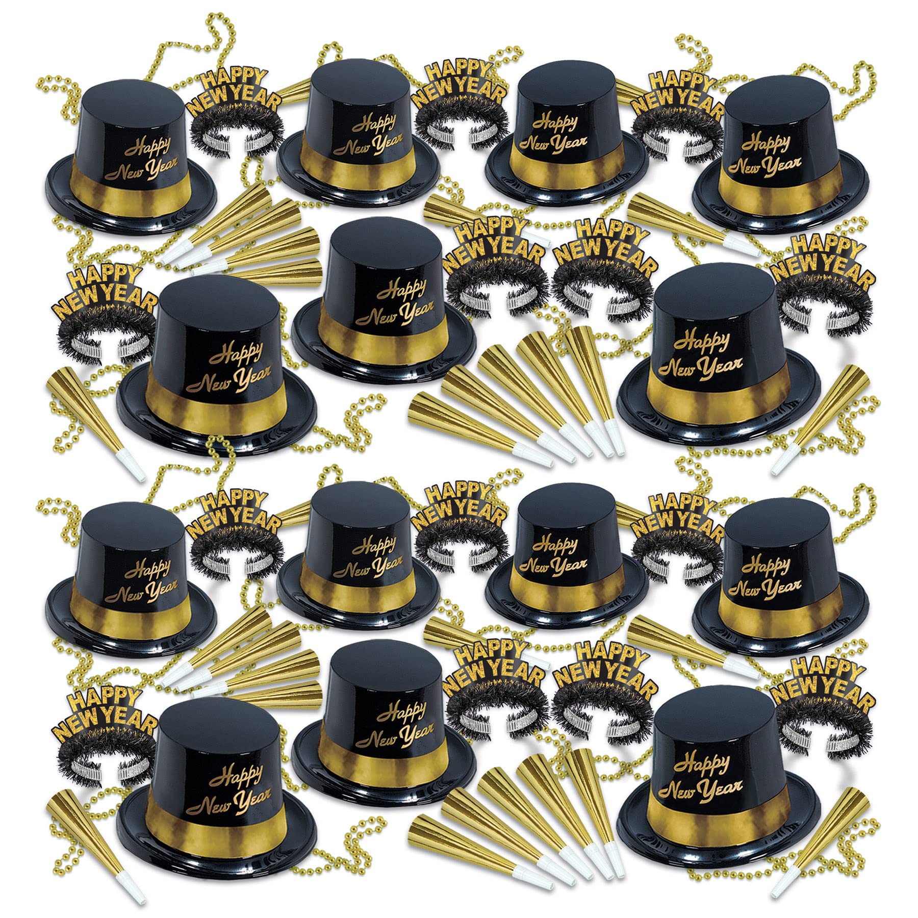 Beistle Black & Gold Legacy Happy New Year's Eve Party Supplies Kit for 50 Guests - NYE Photo Booth Props Set with Hats, Tiaras, Noise Makers & Necklaces - Perfect for New Year Countdown Parties & Celebrations