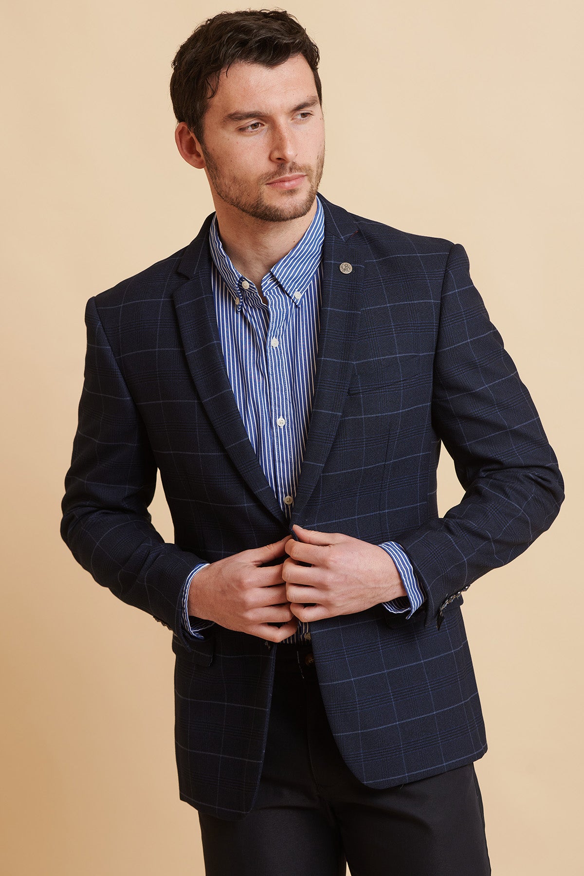 EDINSON Navy Sky Check Blazer for Men - Stylish Slim Fit Business Jacket - Perfect for Office, Weddings & Formal Events