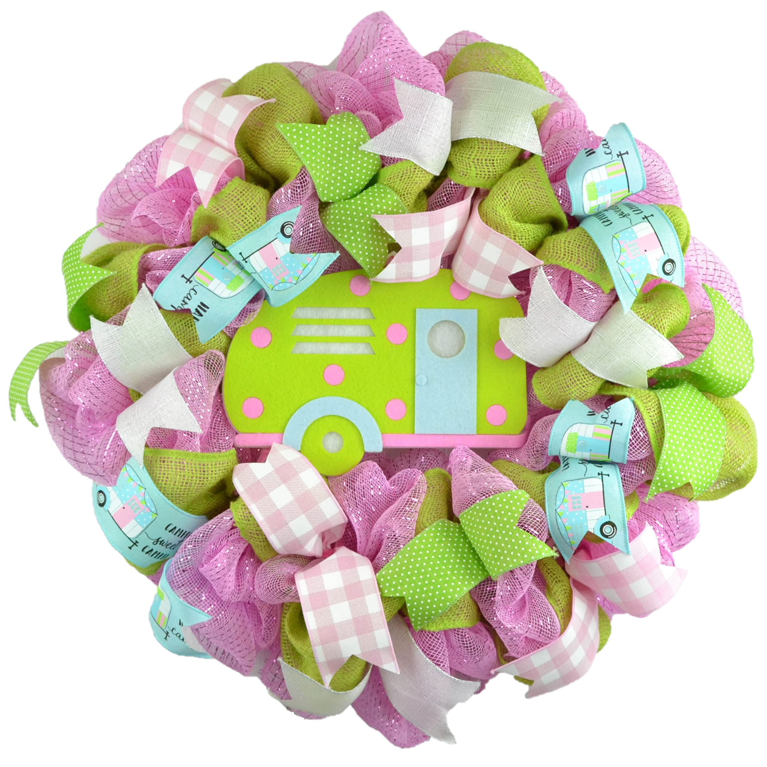 Camping Wreath - Decorative Mesh Wreath for Spring & Summer - Pink, Turquoise & Lime Green - Perfect for RV, Cabin & Outdoor Welcome Decor