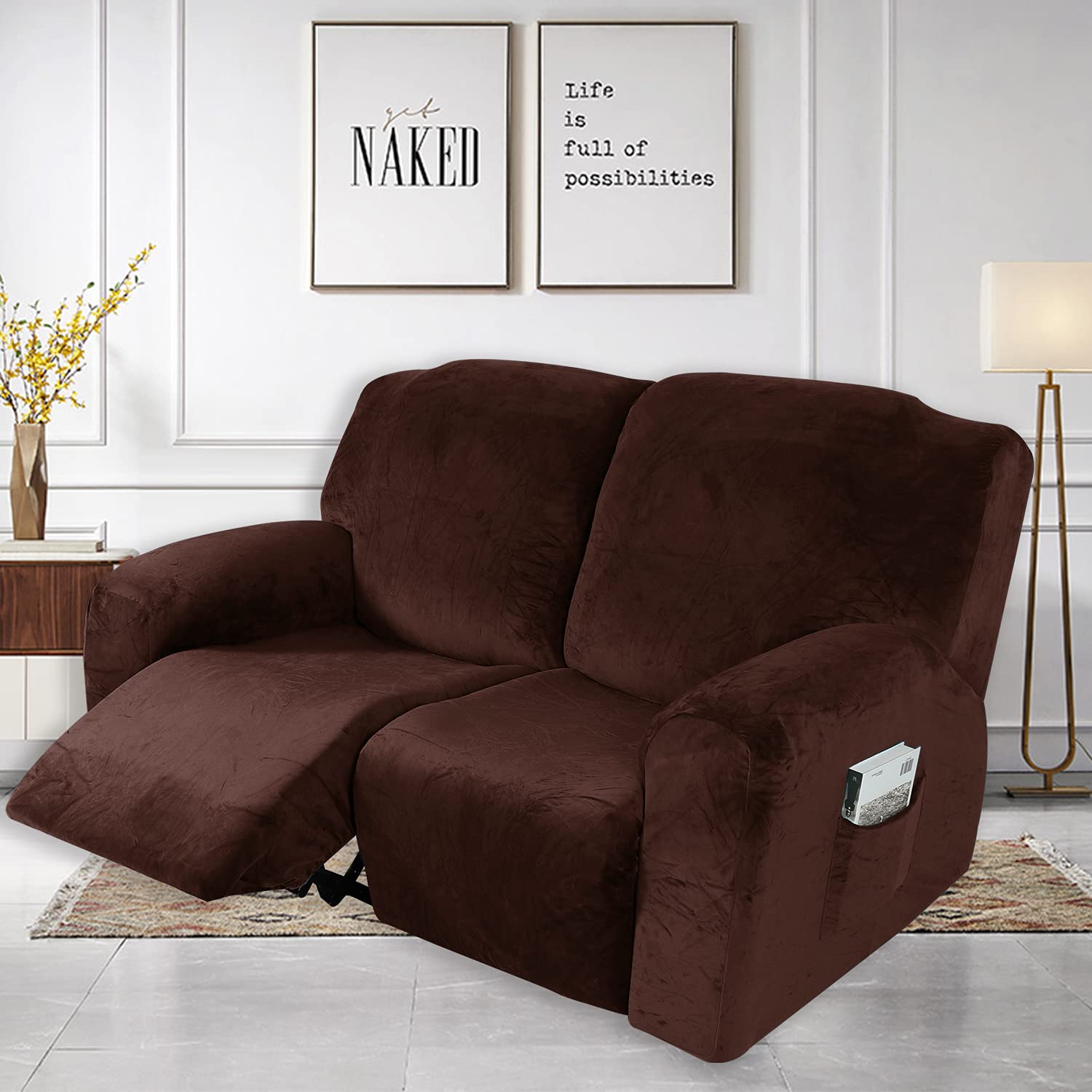 MIFXIN 6-Piece Velvet Stretch Recliner Sofa Cover - Soft Thick Elastic Slipcover for 2-Seat Loveseat & Reclining Couch, Anti-Slip Washable Furniture Protector (Brown) - Perfect for Living Room, Home Theater & Family Room Decor