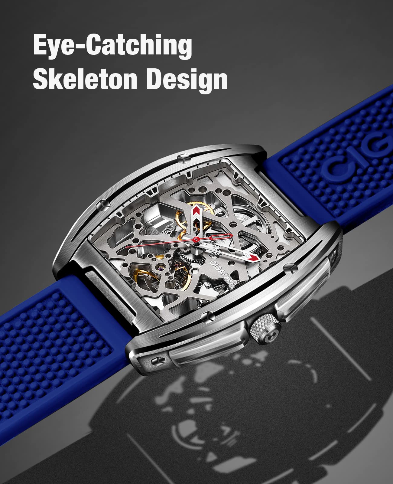 CIGA Design Z Series Automatic Skeleton Mechanical Watch - Luxury Tonneau Wristwatch with Leather & Silicone Strap, Stainless Steel Case, Business Dress Style, Waterproof Timepiece for Men & Women | Perfect for Formal Occasions, Office Wear & Gift Giving