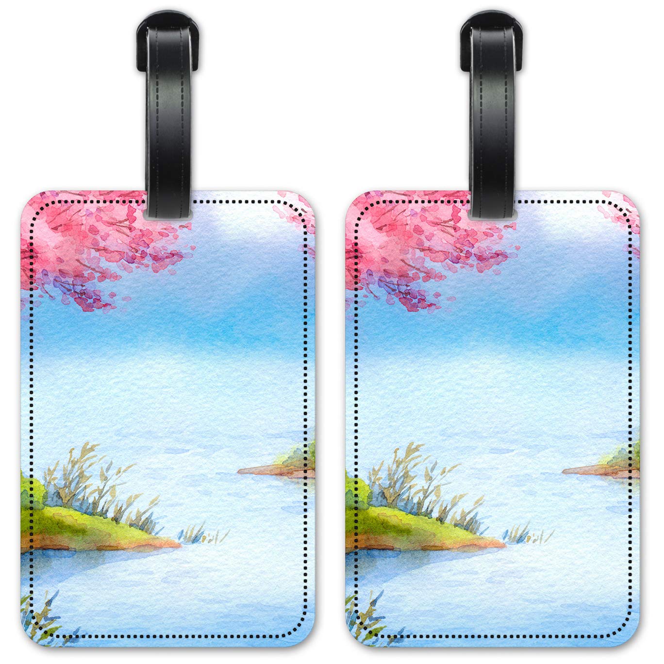 Watercolor Floral Lake Luggage ID Tags - Set of 2 Personalized Suitcase Identification Cards for Travel - Perfect for Airports, Cruise Ships & Lost Baggage Prevention