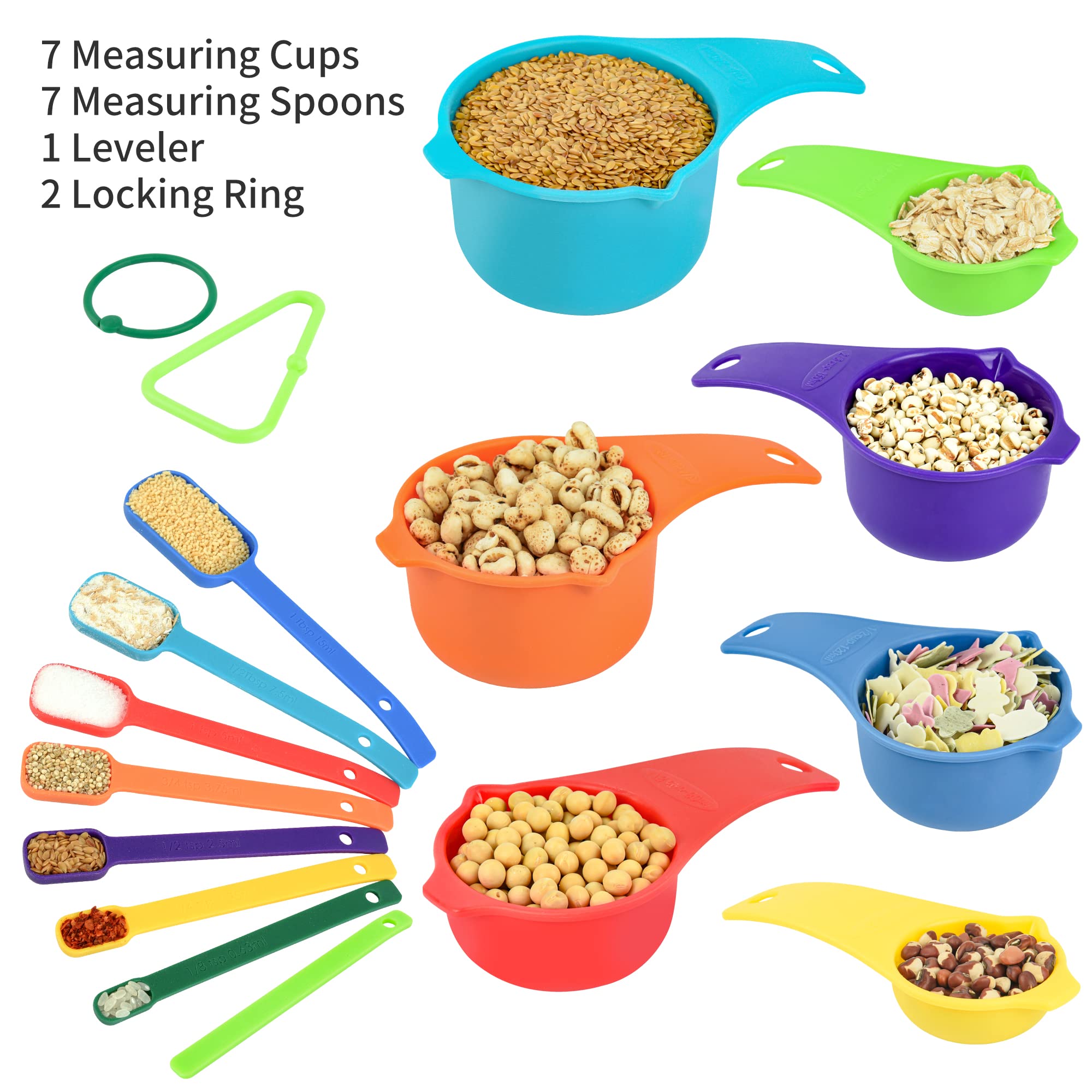 Smithcraft 15-Piece Plastic Measuring Cups and Spoons Set for Baking & Cooking - 7 Measuring Cups, 7 Spoons + 1 Leveler - Colorful Kitchen Measuring Tools for Baking, Meal Prep & Home Cooking