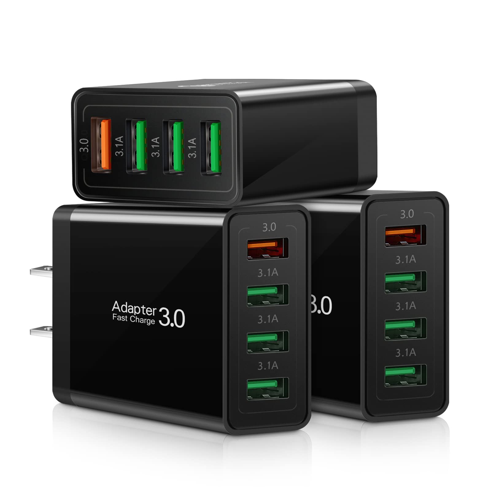 iSeekerKit Fast 3.0 Wall Charger 3-Pack - 4 Port USB Charging Block with Quick Charge for iPhone, Samsung Galaxy S9/S8/Note 8/9, iPad, Tablets & Wireless Chargers - Black | Perfect for Home, Office & Travel Charging Needs