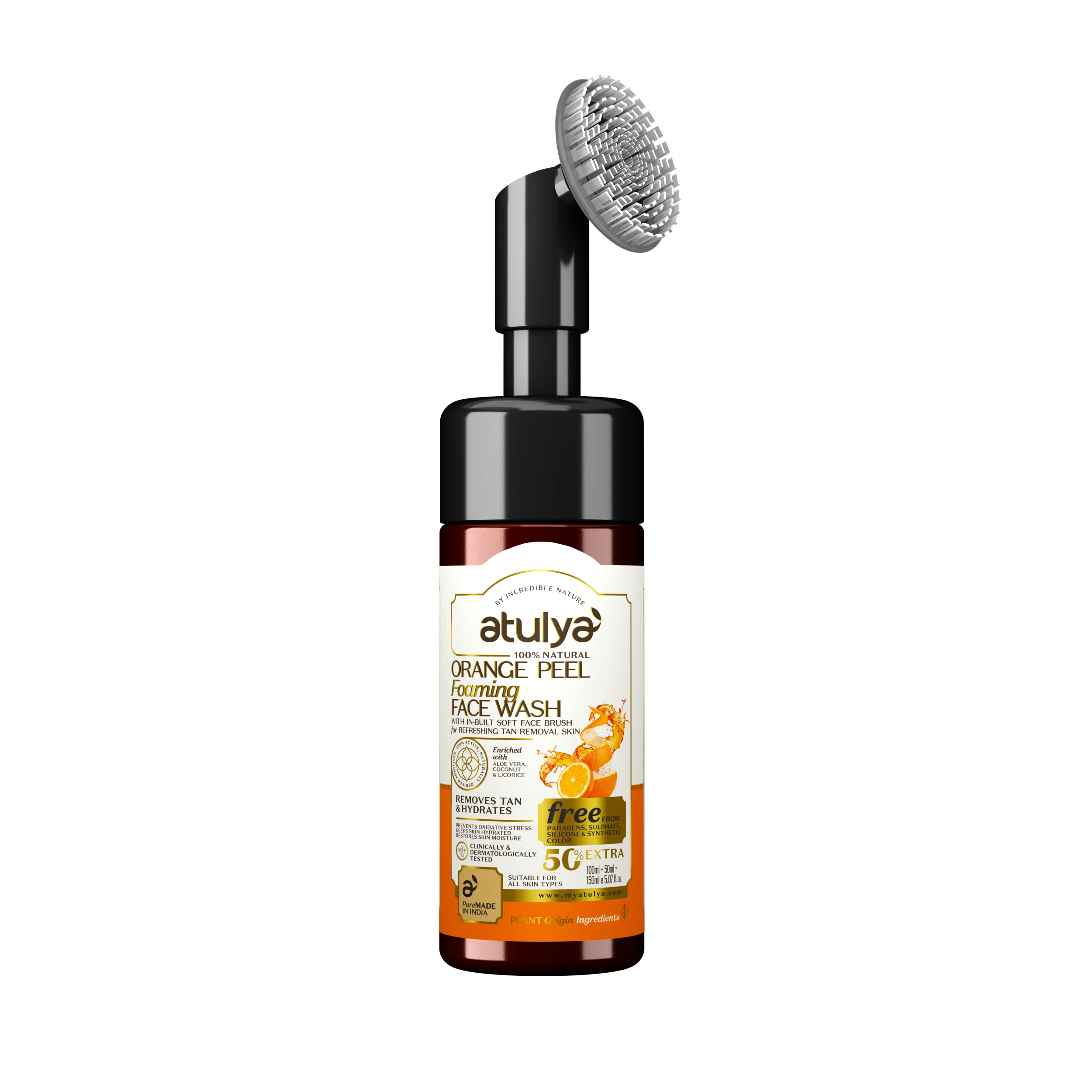 Atulya Orange Peel Foaming Face Wash with Built-In Soft Face Brush - Gentle Exfoliating Cleanser for Acne & Blackheads - Perfect for Daily Skincare Routine