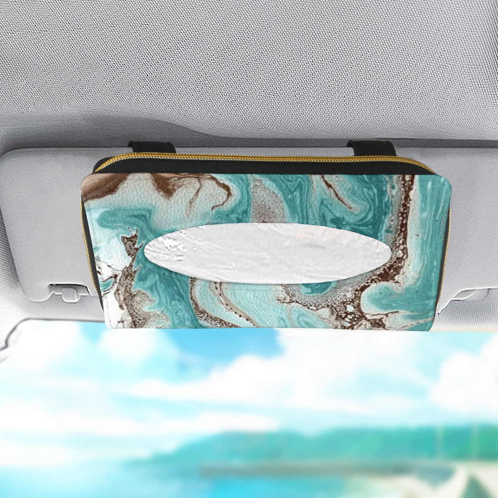 Premium PU Leather Car Tissue Holder - Teal Marble Print Visor Napkin Case for Backseat, Hanging Paper Towel & Facial Tissues Box Organizer | Perfect for Road Trips, Family Travel & Daily Commute
