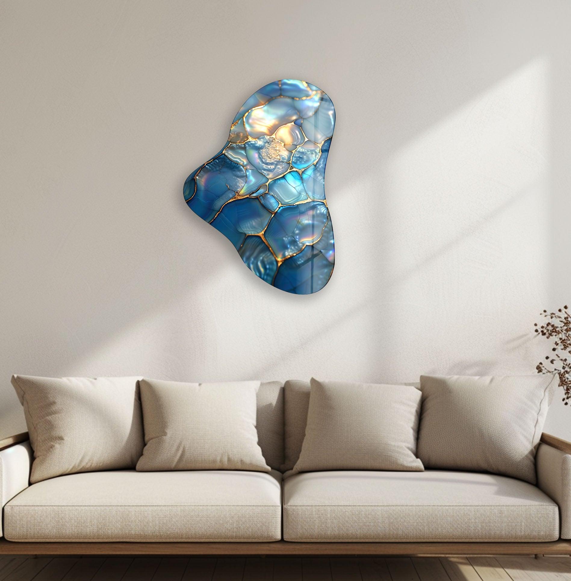 Blue Abstract Asymmetrical Glass Wall Art - Modern Home Decor for Living Room, Bedroom & Office | Handmade Glass Artwork