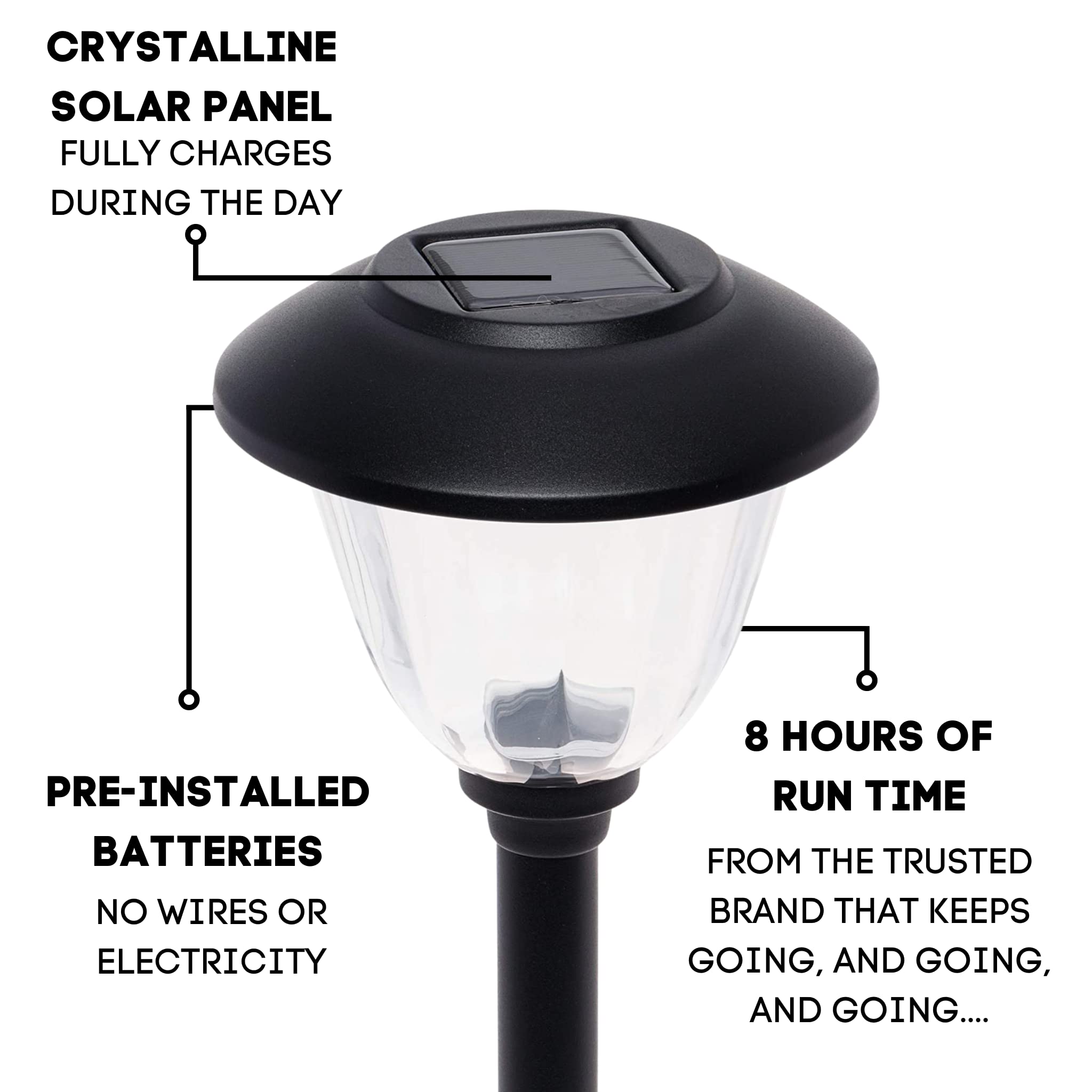 Energizer LED Solar Pathway Lights - 8 Pack Black Outdoor Solar Lights - IP65 Waterproof with Auto On/Off - Patterned Glass & Metal Construction - Perfect for Garden, Walkway, Driveway, and Landscape Lighting