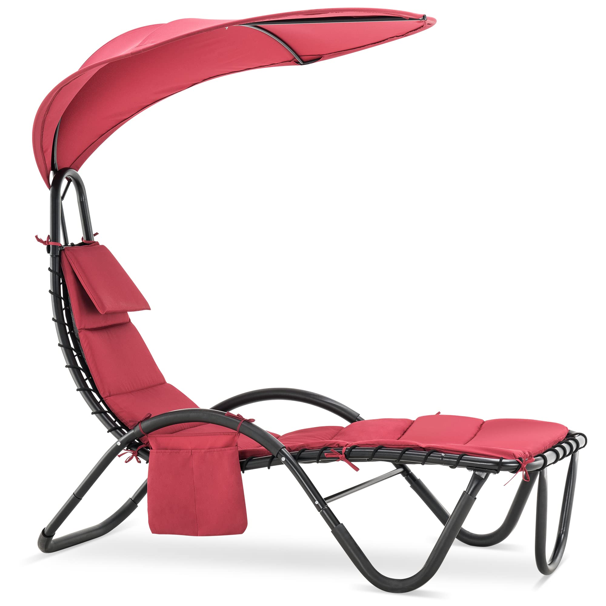 MCombo Outdoor Steel Chaise Lounge Chair with Removable Canopy & Cushions - Adjustable Reclining Patio Chair with Side Pocket & Arc Stand - Perfect for Beach, Poolside, Backyard, Balcony & Porch Relaxation (Burgundy, 4097) - Ideal for Sunbathing, Lounging & Outdoor Leisure Activities