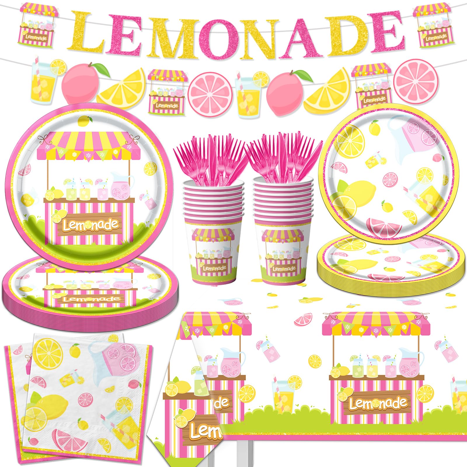 142Pcs Lemon Party Supplies Set - Lemonade Themed Plates, Napkins, Cups, Banner & Tablecloth for Birthday Party, Baby Shower (Serves 20) - Perfect for Summer BBQs, Picnics & Citrus-Themed Celebrations
