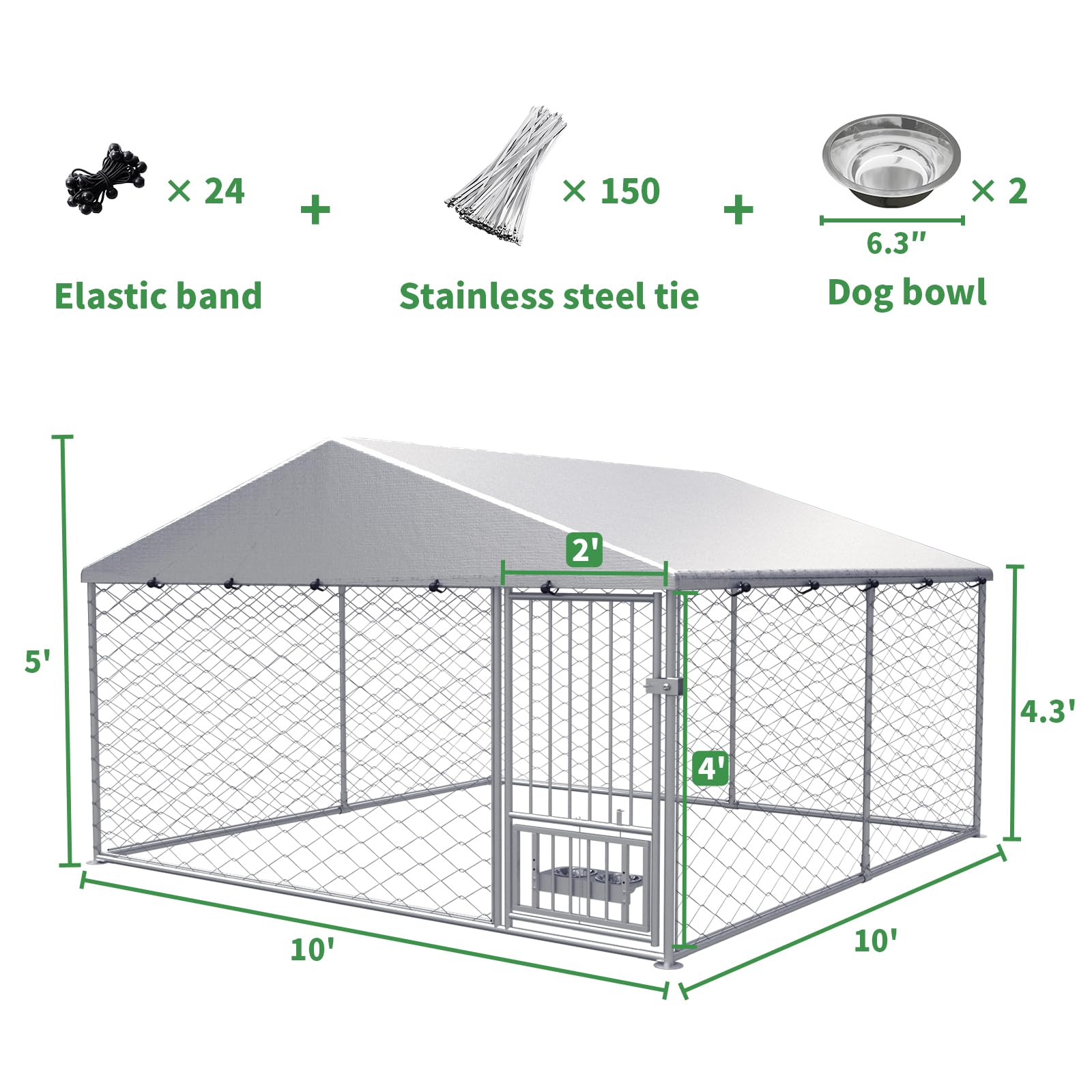Rovibek 10'×10' Heavy Duty Outdoor Dog Kennel with Roof - Waterproof & Sun-Proof Cover, Includes 2 Stainless Steel Bowls - Perfect for Backyard, Garden, or Patio Dog Runs