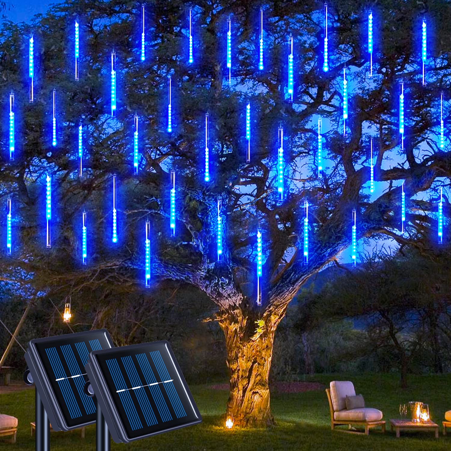 JMEXSUSS 2 Pack Solar Meteor Lights - 288 LED Blue Christmas Lights for Outdoor Tree Decorations - Waterproof & Energy Saving