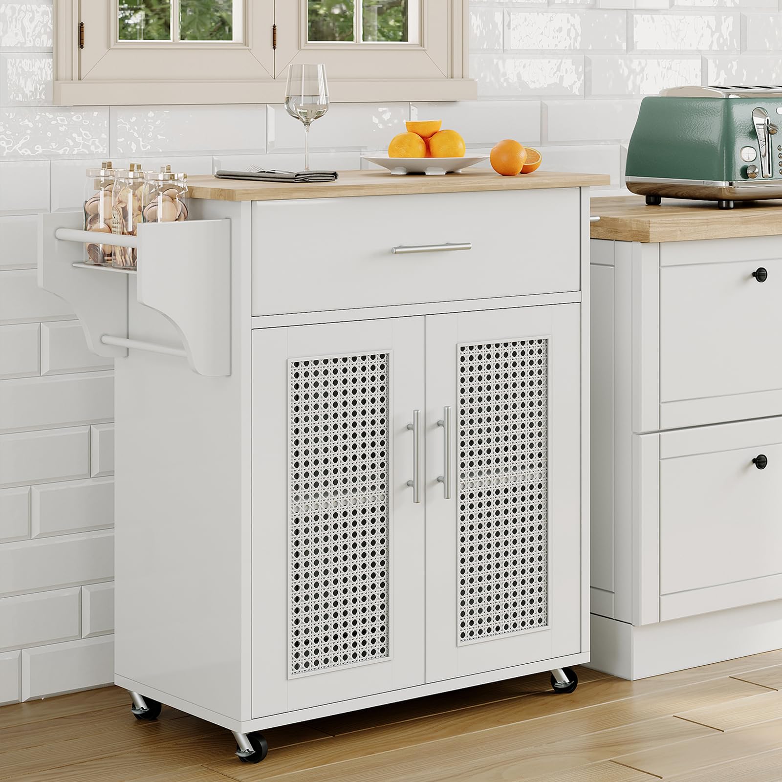 Tornama White Kitchen Island Cart with Solid Wood Countertop - Rolling Mobile Kitchen Island with Storage, Rattan Cabinet, Spice Rack, Towel Rack & Drawers - Perfect for Small Kitchens, Apartments & Food Prep Stations