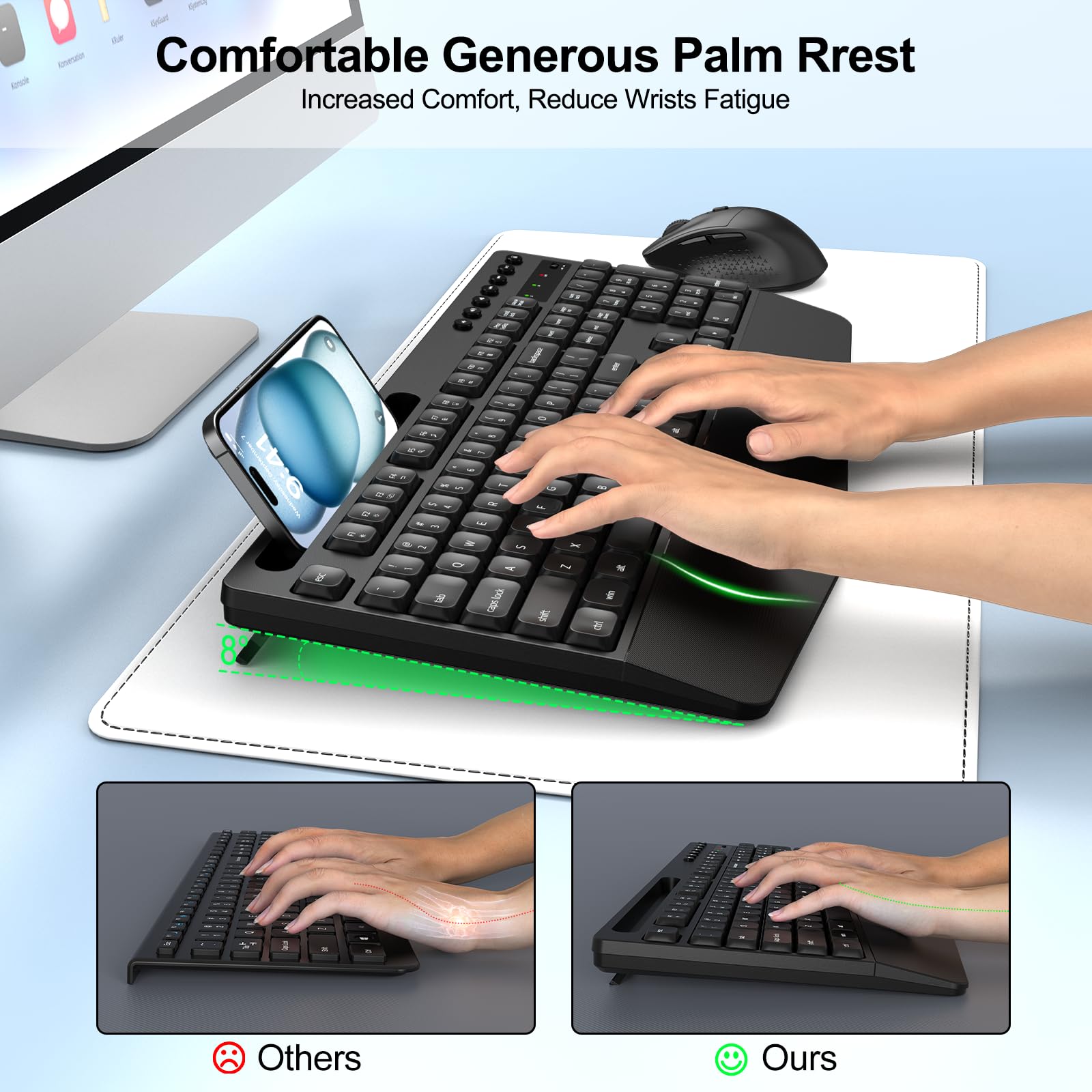 Ergonomic Wireless Keyboard and Mouse Combo with Palm Rest & Phone Holder - Full-Size Quiet Design for Comfortable Typing - Compatible with Windows, Mac, PC, Laptop (Black) - Perfect for Office Work, Gaming & Home Computing