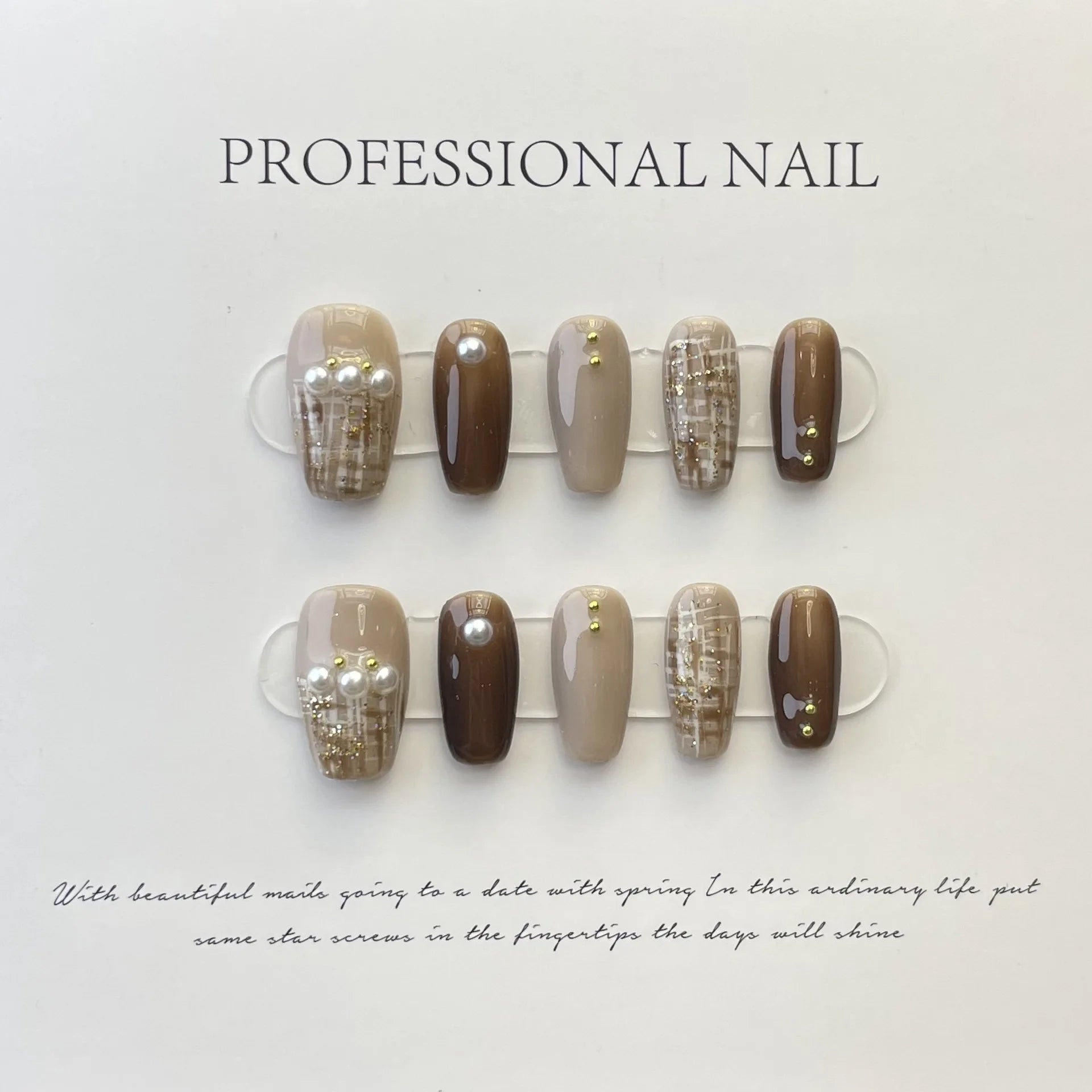 10Pcs Winter Ladder Shaped Handmade False Nails with Glue - Sweet Houndstooth Nail Design, Fashion Pearl Press on Acrylic Nail Tips for Parties, Weddings & Special Occasions