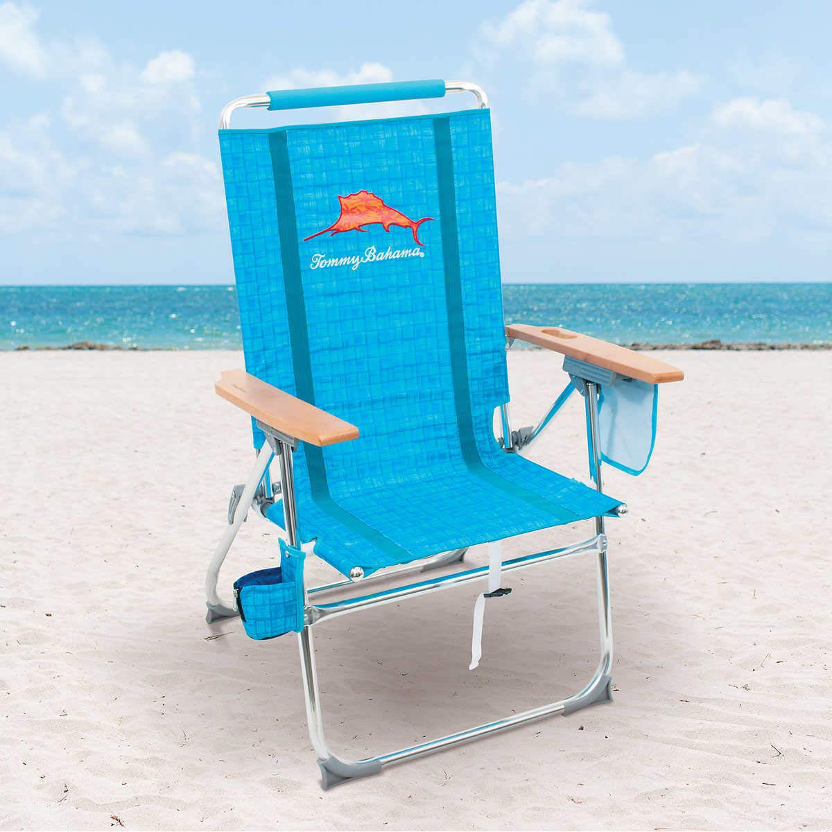 Tommy Bahama 7-Position Adjustable Hi-Boy Beach Chair with Cup Holder - Lightweight & Portable Blue Folding Chair for Beach, Poolside, Camping & Outdoor Relaxation
