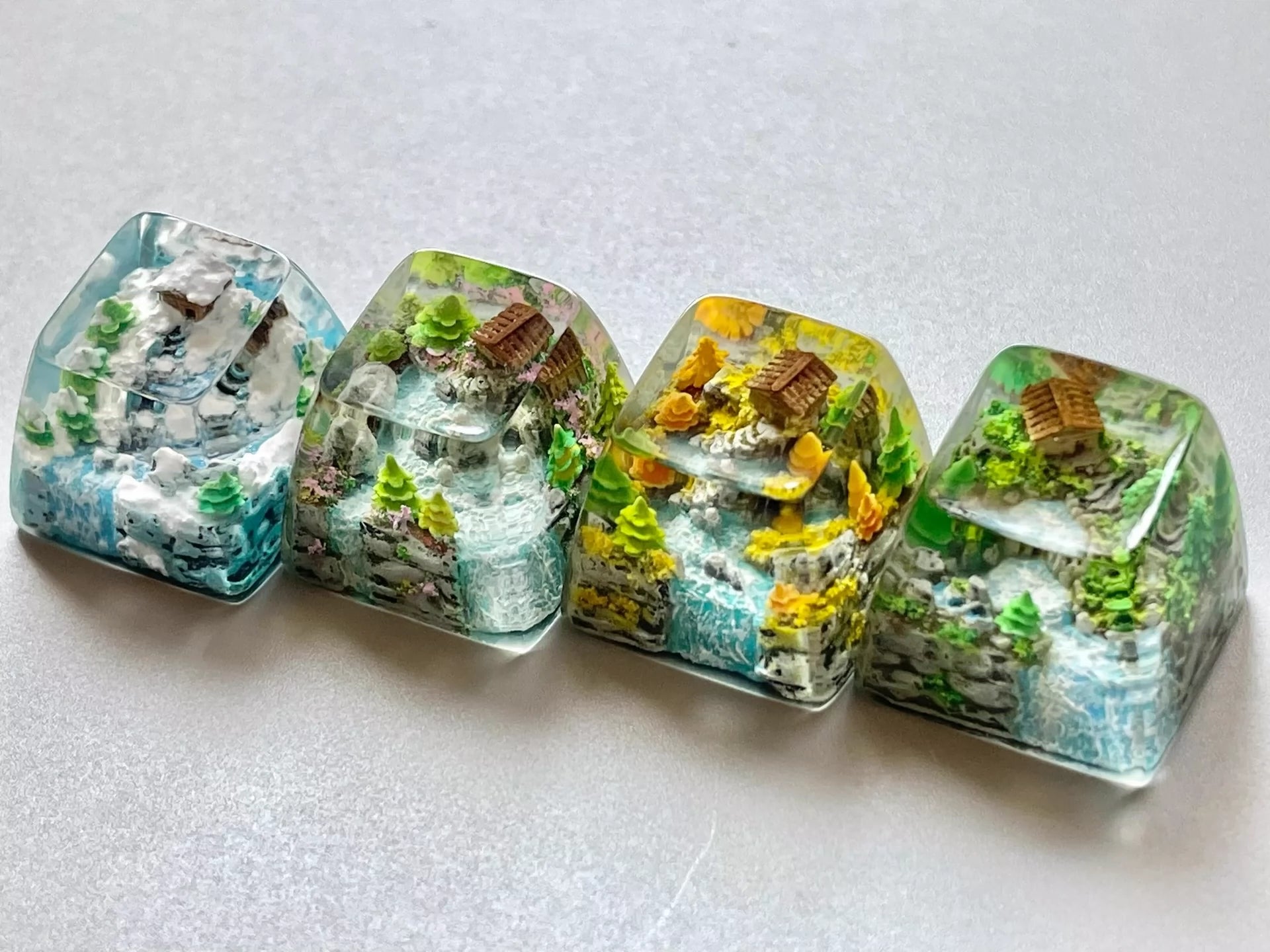 Chinese Landscape Painting Style Resin Keycaps - Seasonal Spring Summer Autumn Winter Themed Custom Keyboard Keycaps for Mechanical Gaming Keyboards | Perfect for Typing, Gaming & Office Work