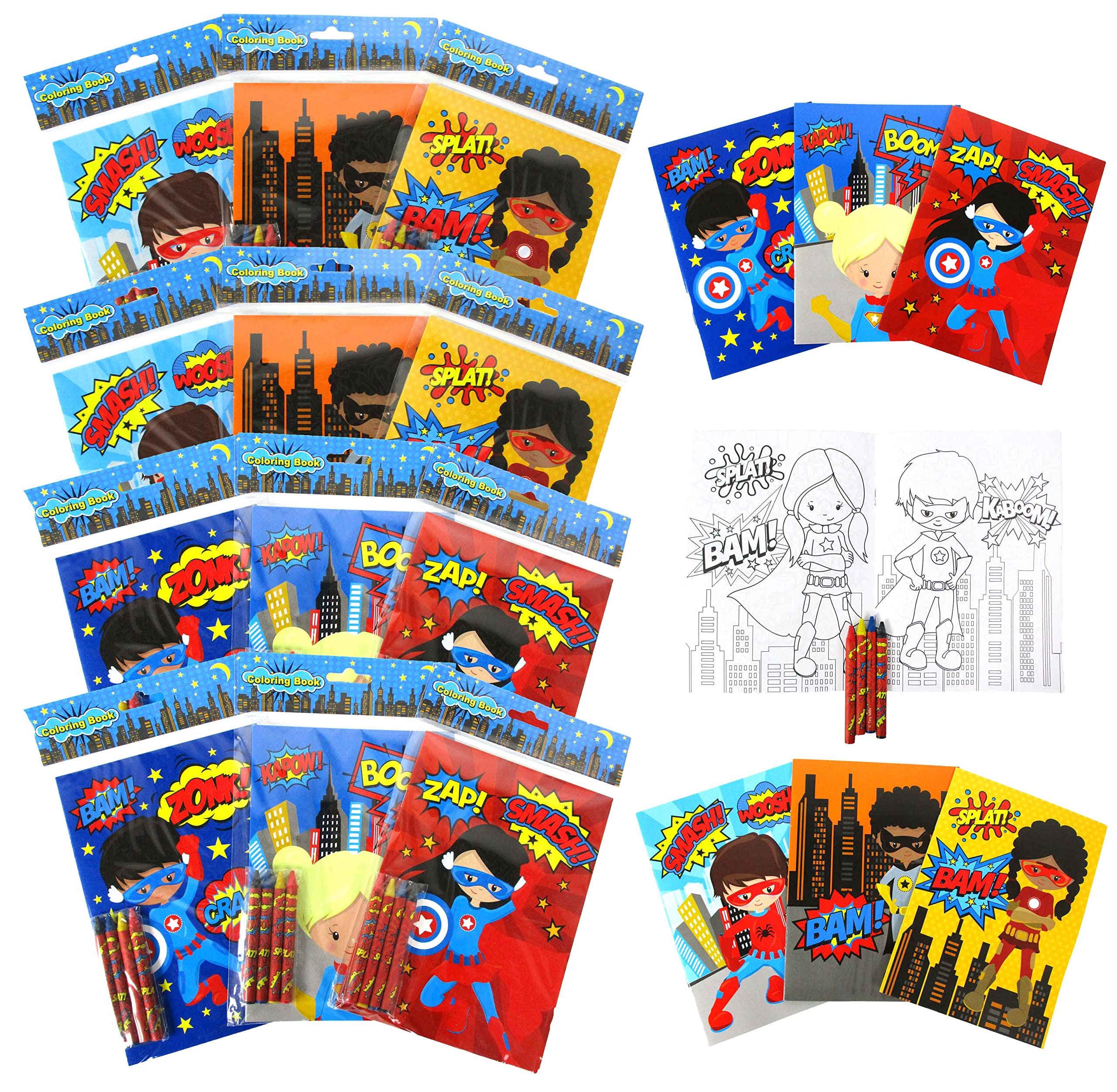 Superhero Coloring Books for Kids - 12 Pack with 48 Crayons | Party Favors, Classroom Prizes, Goodie Bag Fillers | Perfect for Birthday Parties, School Events & Travel Activities