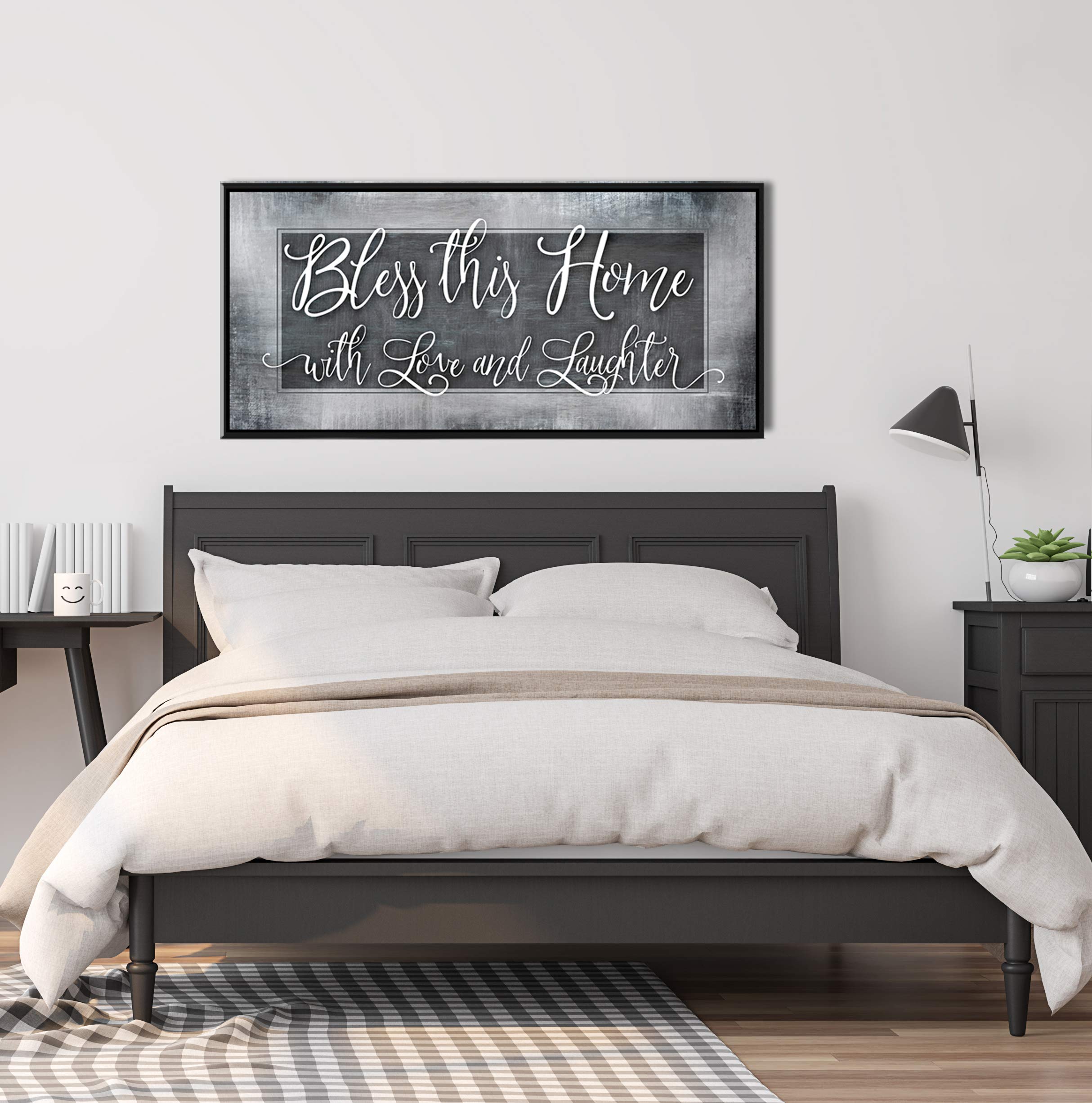Bless This Home With Love Religious Wall Decor - Rustic Home Decoration for Living Room - Housewarming Gift with Grey 42x19 Black Floating Frame - Perfect for Farmhouse, Bedroom & Entryway Decor