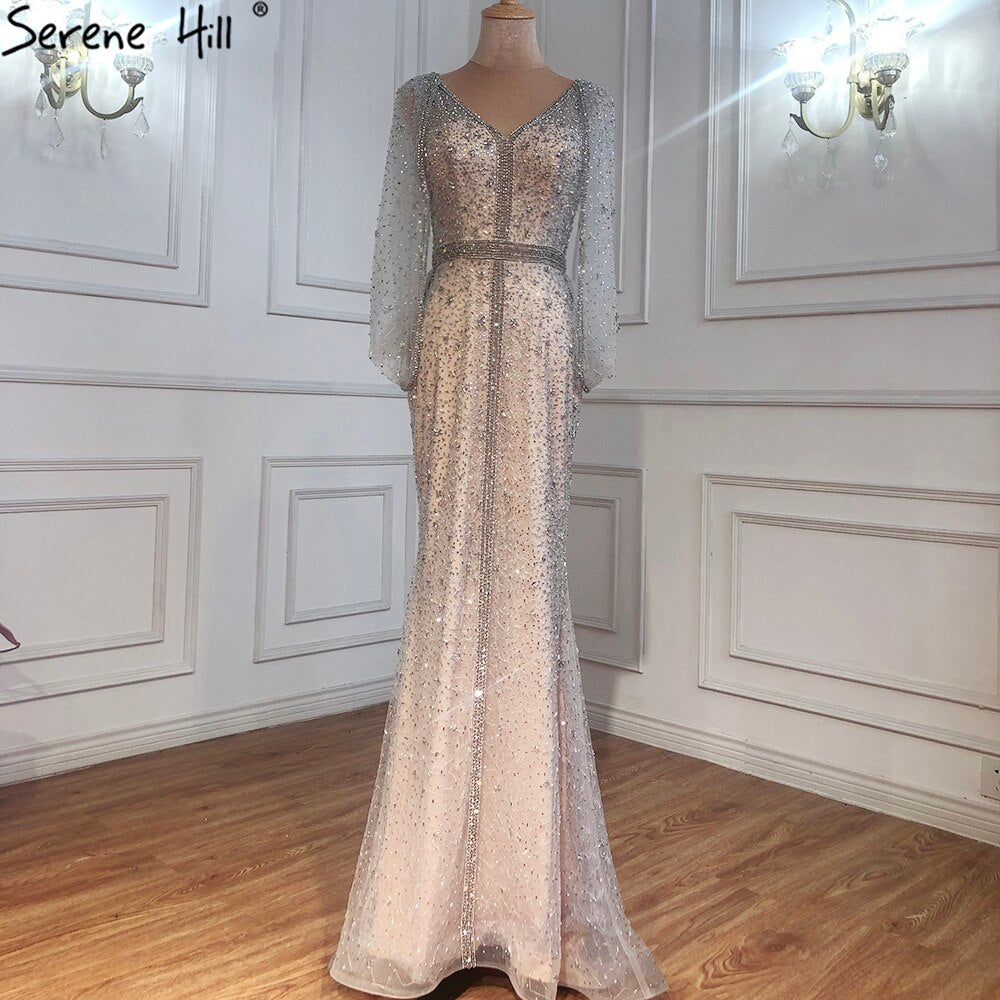 Elegant Grey Mermaid Evening Dress with Sparkle Beading & Crystal Details - Women's Luxury Party Gown for Prom, Wedding, or Formal Events - LA70847