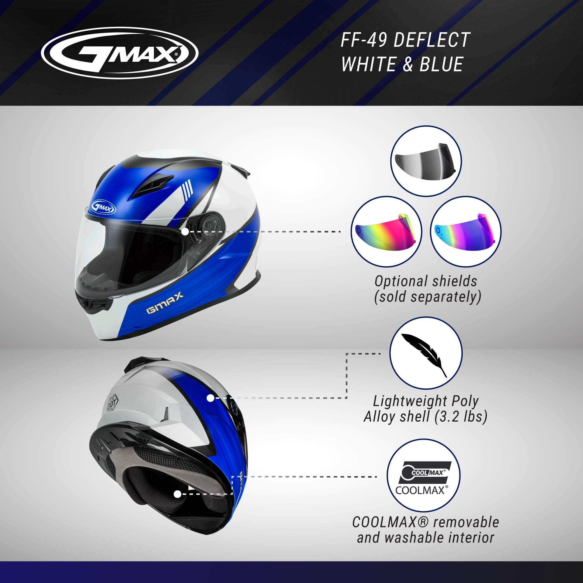 GMAX FF-49 DOT Approved Full Face Motorcycle Helmet - Lightweight & Ventilated for Men & Women - Ideal for Street Riding, Cruising & Long Distance Motorcycle Tours