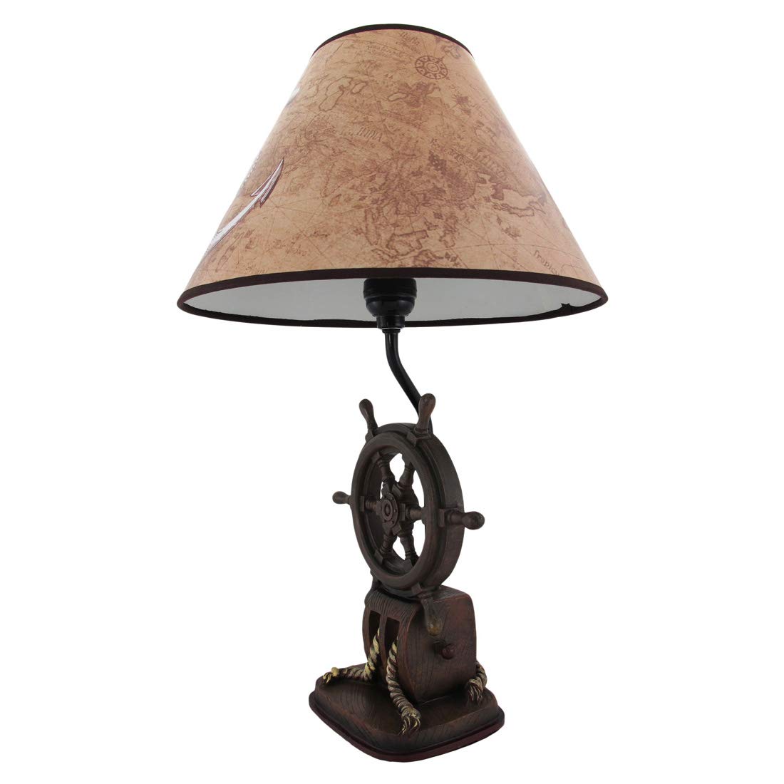 Captain's Destiny: Set of 2 Nautical Ship Wheel Resin Table Lamps with Anchor Shades - 19