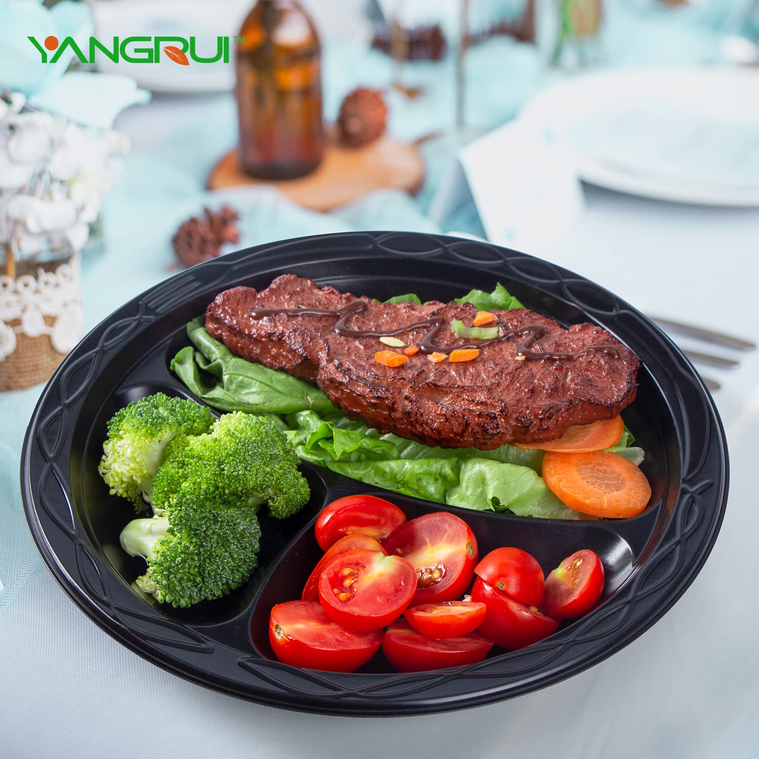 YANGRUI 9 Inch 3 Compartment Reusable Plastic Plates - 150 Pack BPA Free Food Grade Dinner Trays for School Cafeteria, Hospital Meals & Party Serving - Durable MFPP Black Disposable Trays