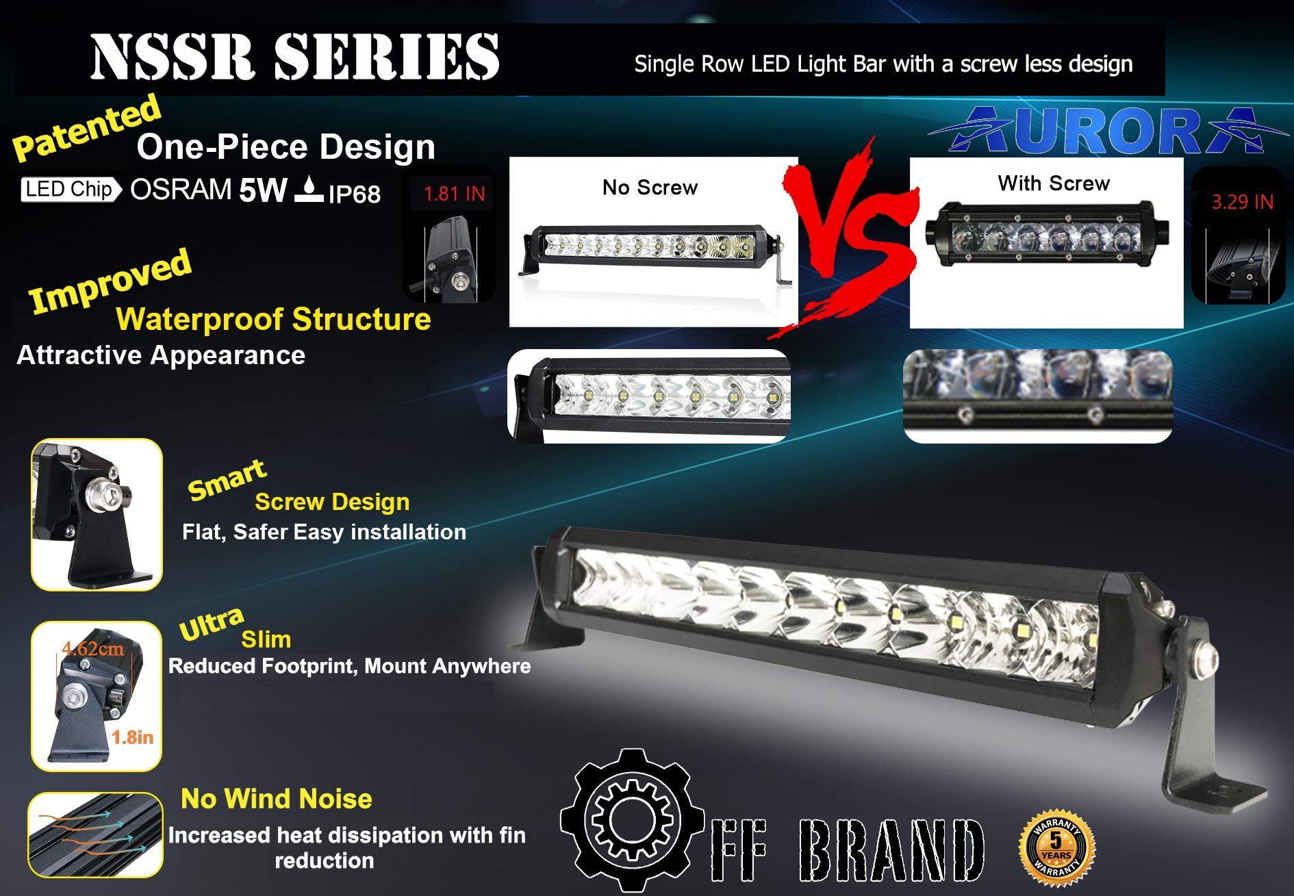 Aurora S5 Amber 10-Inch Off-Road LED Light Bar - NSSR Series - Waterproof & Durable for Trucks, ATVs, UTVs, Jeeps & Off-Road Adventures