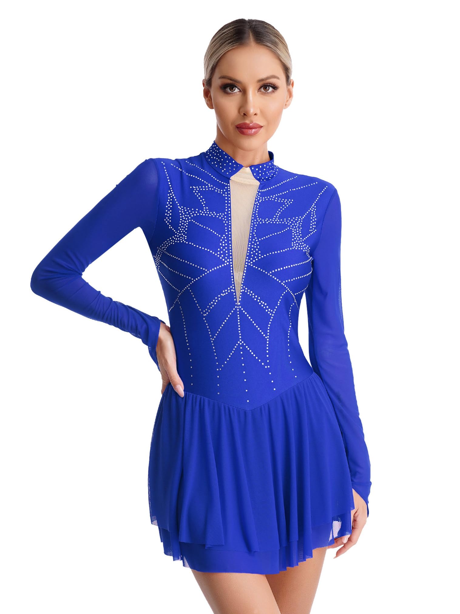 FEESHOW Women's Figure Skating Dress - Long Sleeve Gymnastics Leotard for Ice Skating, Roller Skating & Dance Competition - Elegant Performance Outfit for Practice & Stage Shows