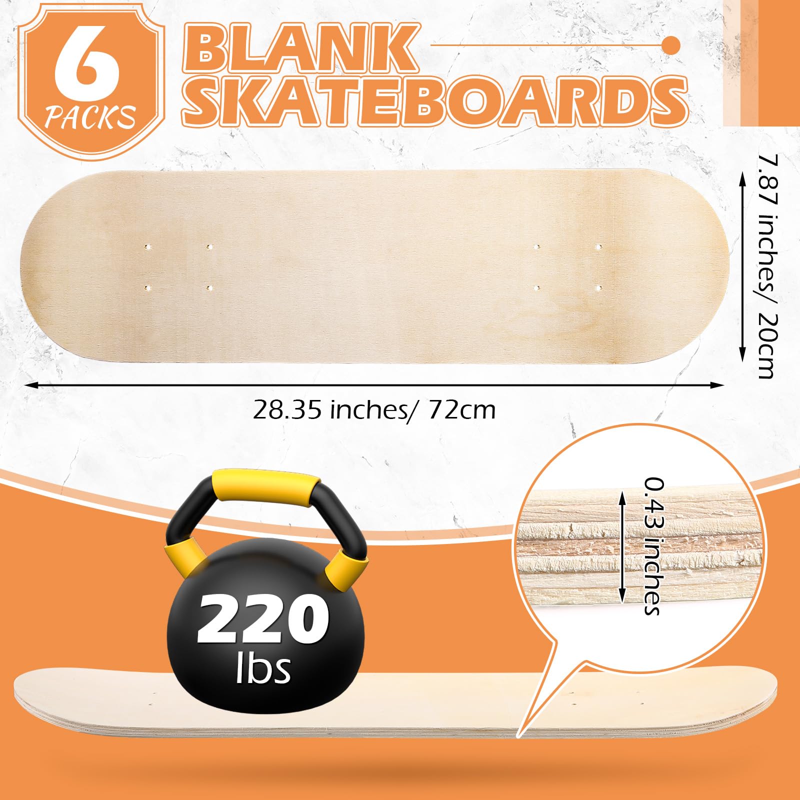 Honoson 7-Ply Maple Wood Blank Skateboard Deck - Double Tail Plain Concave Light Deck for Art Painting, Custom Design & Home Decoration | Perfect for DIY Projects, Skateboard Customization & Wall Art Display