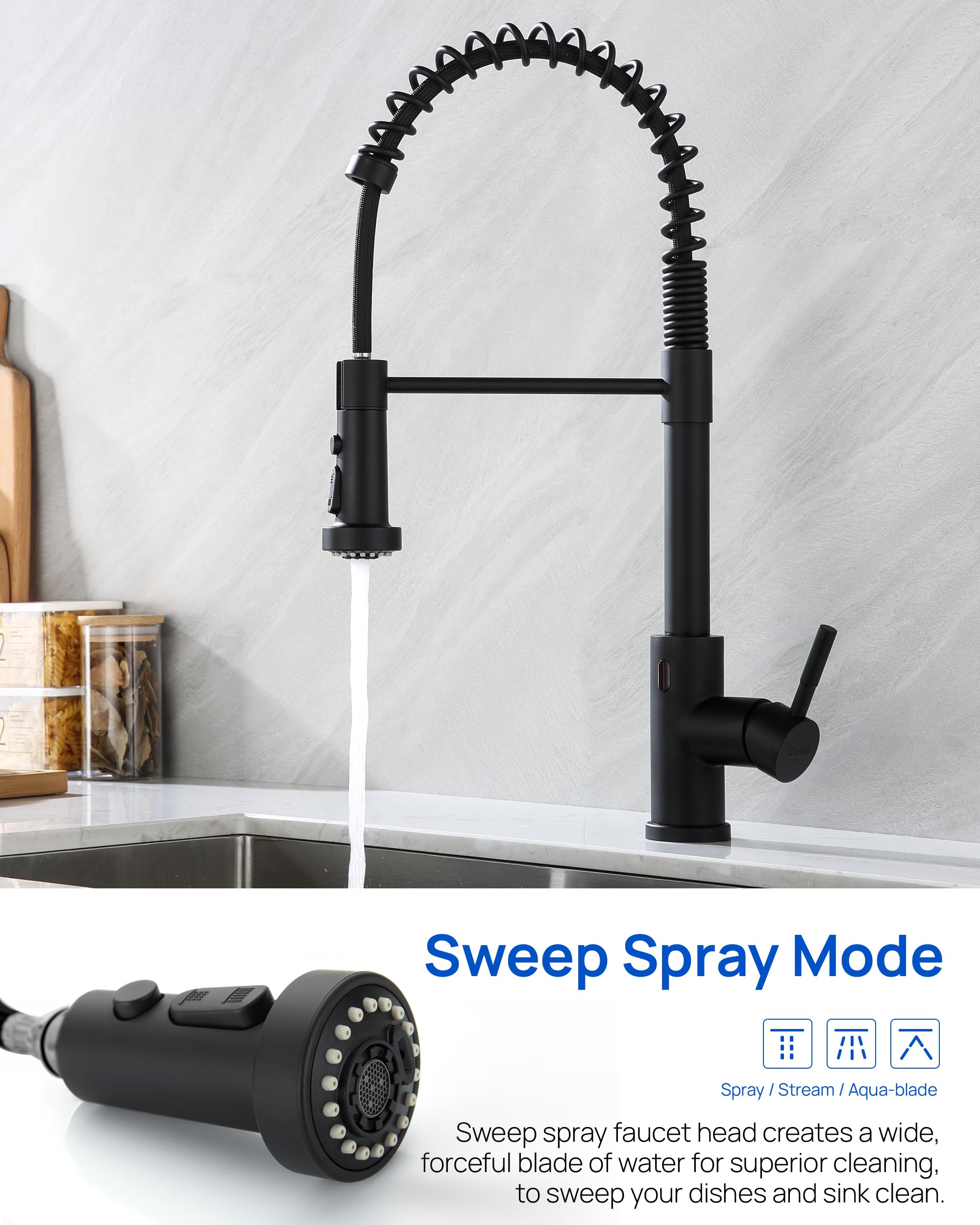 J-HVA Pull Down Kitchen Faucet Sprayer Head Replacement - 3 Function Spray Nozzle with 15 Adapters, Matte Black | Perfect for Pull Out Sink Sprayer Replacement, Dish Washing & Food Prep