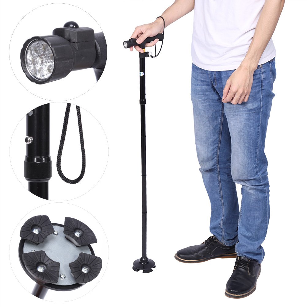 Collapsible Walking Cane with LED Light & Cushion Handle - Adjustable Self Standing Folding Cane for Men & Women - Lightweight Mobility Aid for Hiking, Travel & Elderly Support (Black)