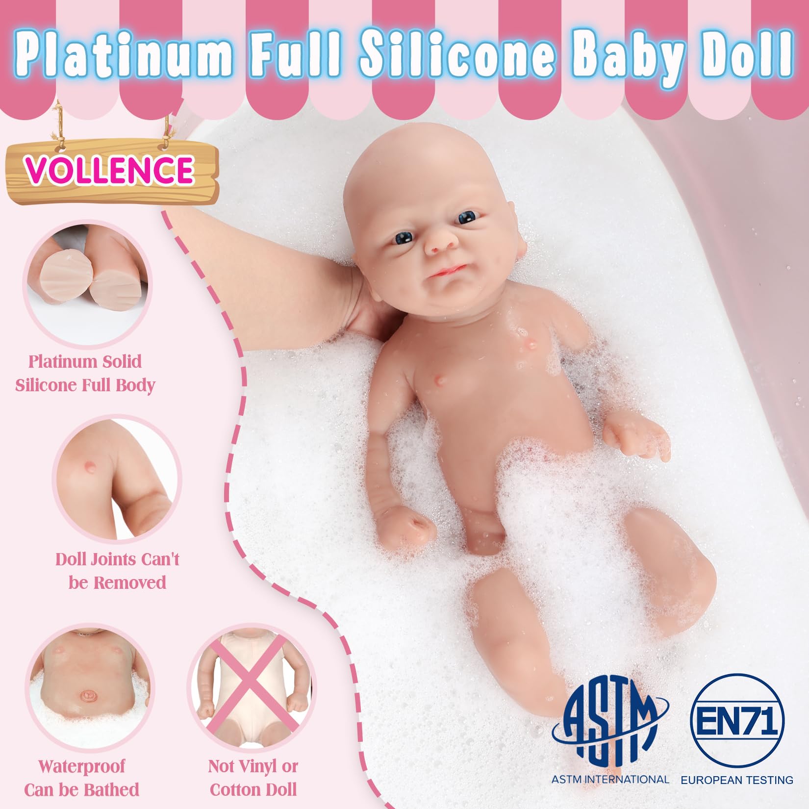 Vollence 14 Inch Realistic Full Body Silicone Baby Doll - Soft Lifelike Newborn Girl Doll with Bald Head (Not Vinyl) - Perfect for Collectors, Gift Giving, Nursery Decor & Role Play