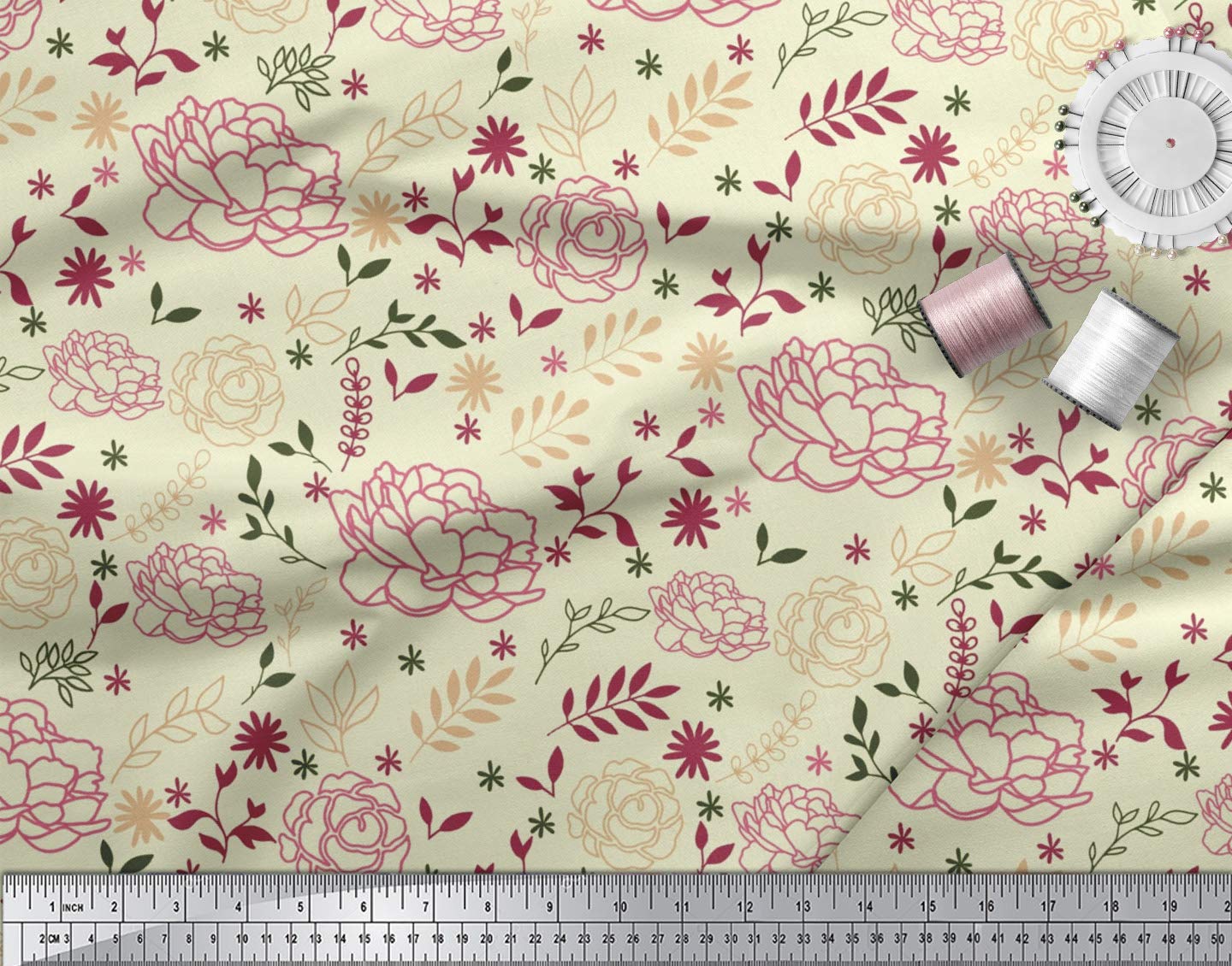 Soimoi Moss Georgette Yellow Fabric by The Yard - 42 Inch Wide Floral Printed Fabric with Leaves & Ranunculus Design - Botanical Timeless Material for Dresses, Scarves, Home Decor & DIY Fashion Projects