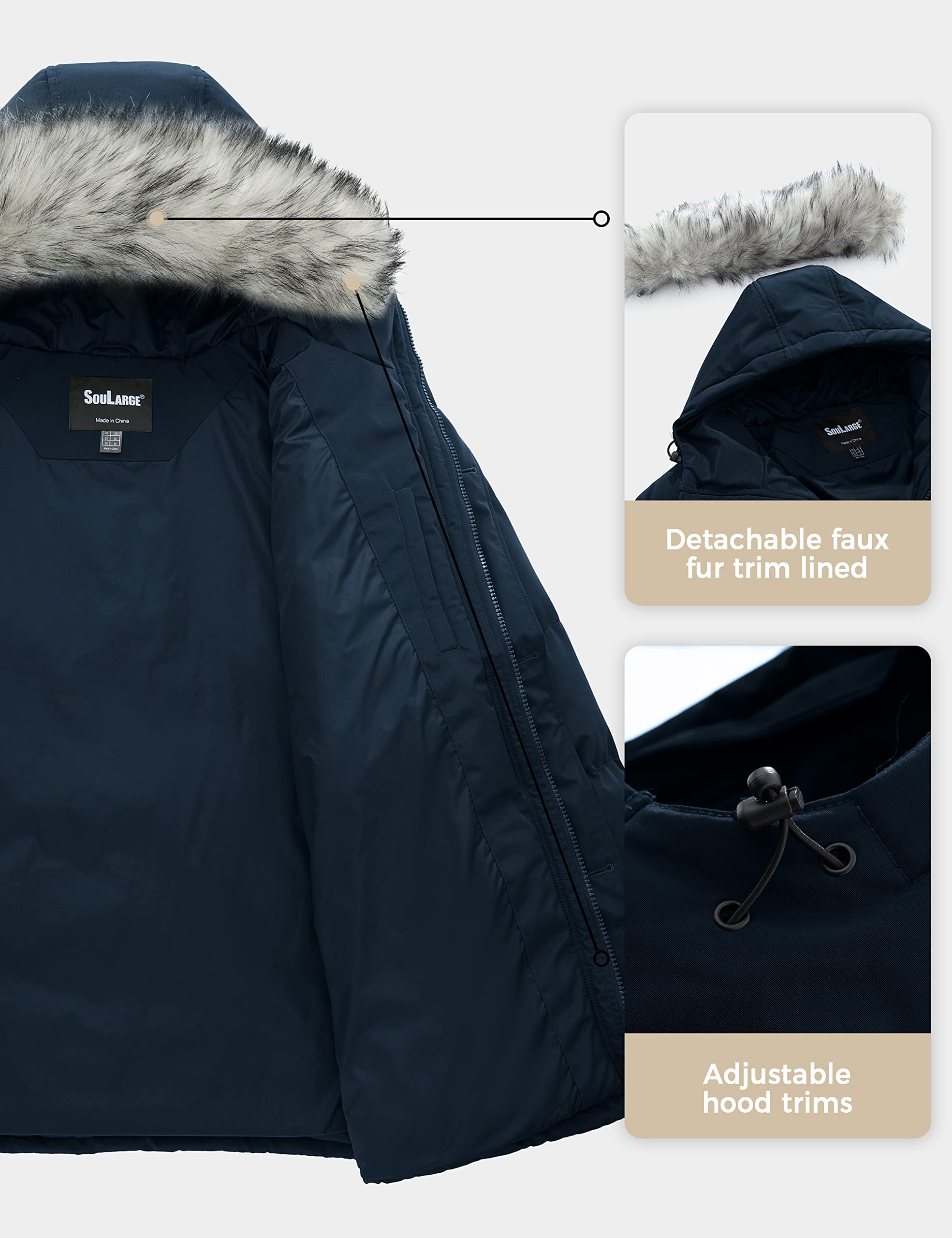 Soularge Men's Big and Tall Thickened Padded Winter Parka Coat with Detachable Hood - Warm Windproof Jacket for Outdoor Activities, Snow Sports & Cold Weather