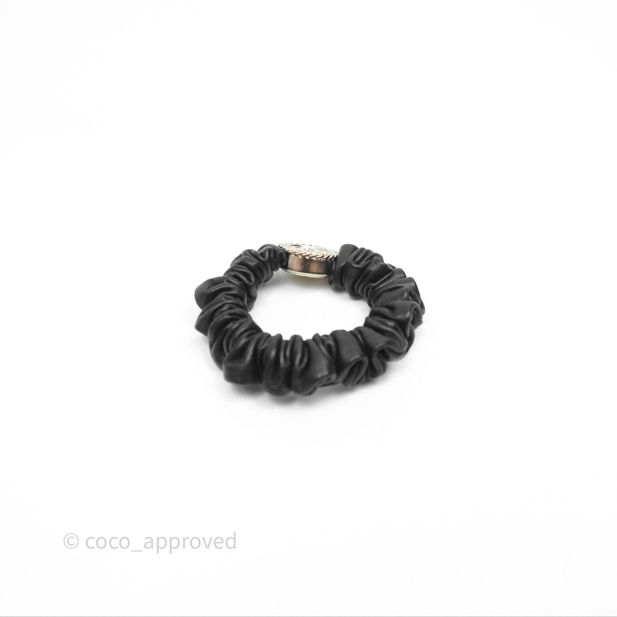 Chanel CC Logo Black Leather Scrunchie Hair Tie with Gold Tone Hardware - Elegant Hair Accessory for Women, Perfect for Parties, Weddings & Everyday Wear