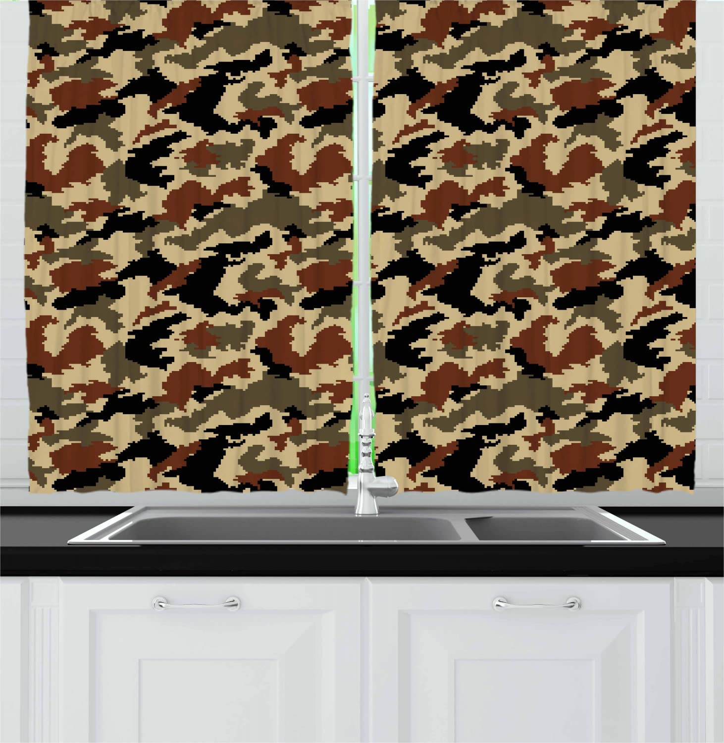 Ambesonne Camouflage Pixel Art Kitchen Curtains - Abstract Fashion Design, Brown Black Sepia, 55