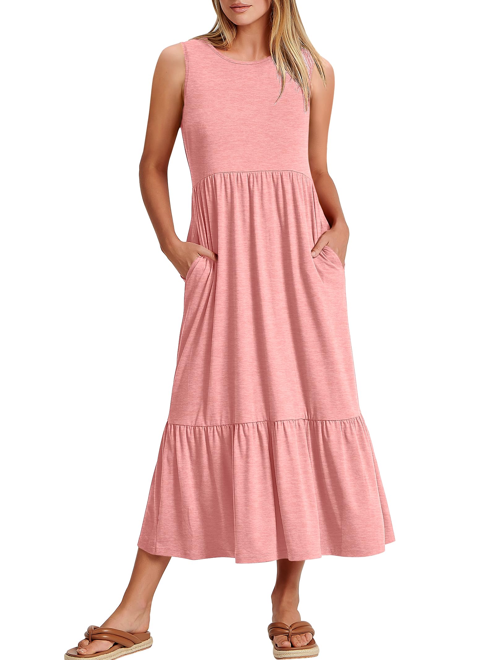 ANRABESS Women's Summer Sleeveless Crewneck Sundress - Flowy A-Line Tiered Maxi Beach Dress for Vacation, Casual Wear & Outdoor Activities