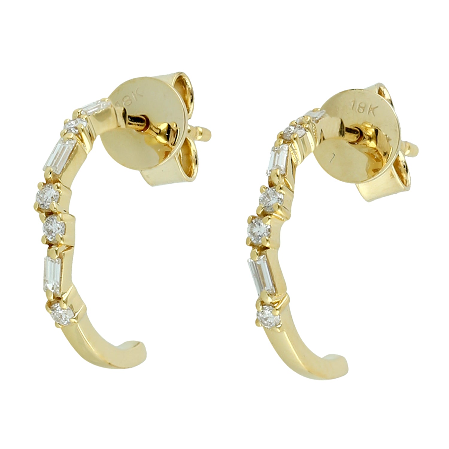 18K Yellow Gold Hoop Earrings with Prong-Set Baguette Diamonds - Elegant Christmas Gift for Women, Perfect for Holidays, Parties & Special Occasions